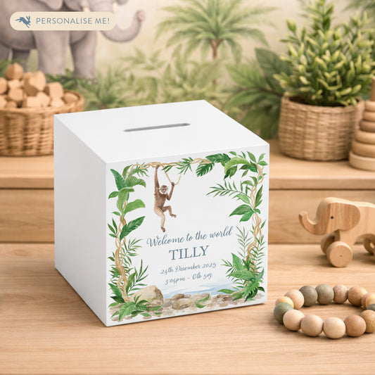 A treasured keepsake to celebrate a new arrival- Cheeky monkey swinging from the rainforest trees