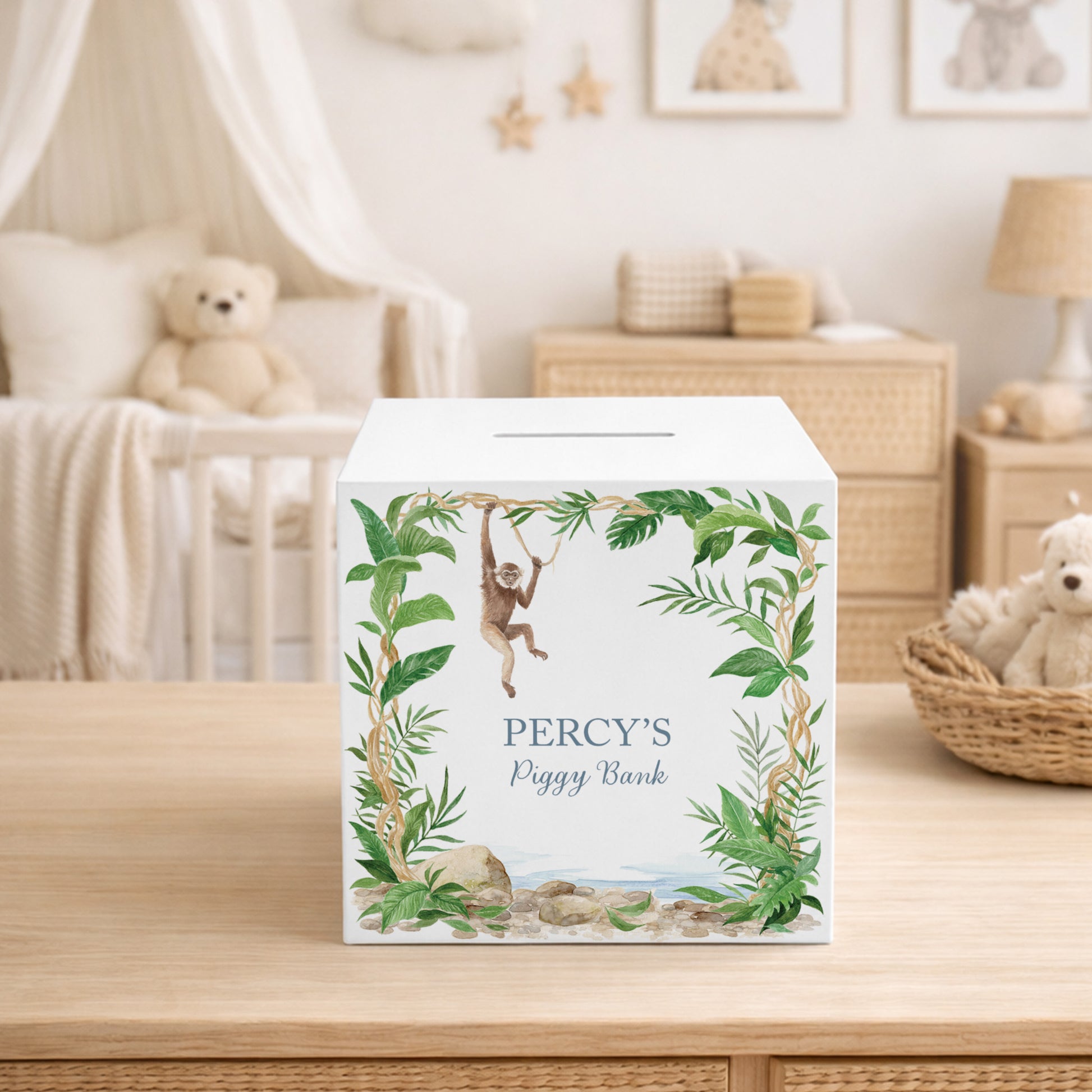 A treasured keepsake to celebrate a new arrival- Cheeky monkey swinging from the rainforest trees