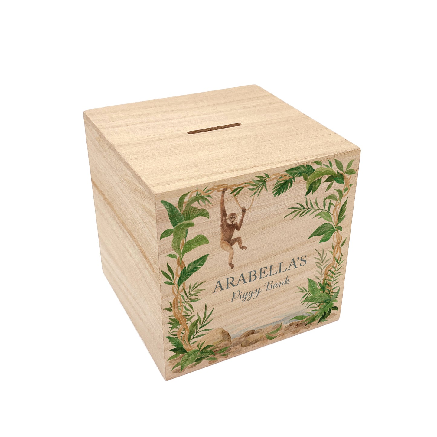 Cheeky little monkey swinging from the trees, watercolour baby money box handmade keepsake for new baby gift