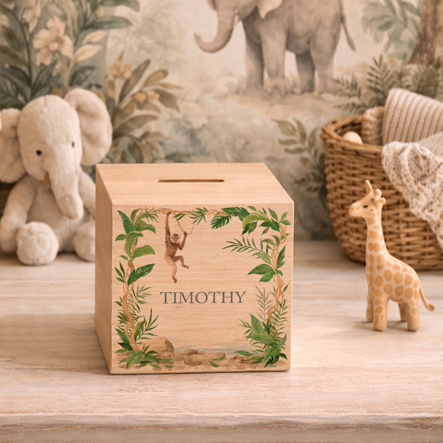 Cheeky little monkey swinging from the trees, watercolour baby money box handmade keepsake for new baby gift