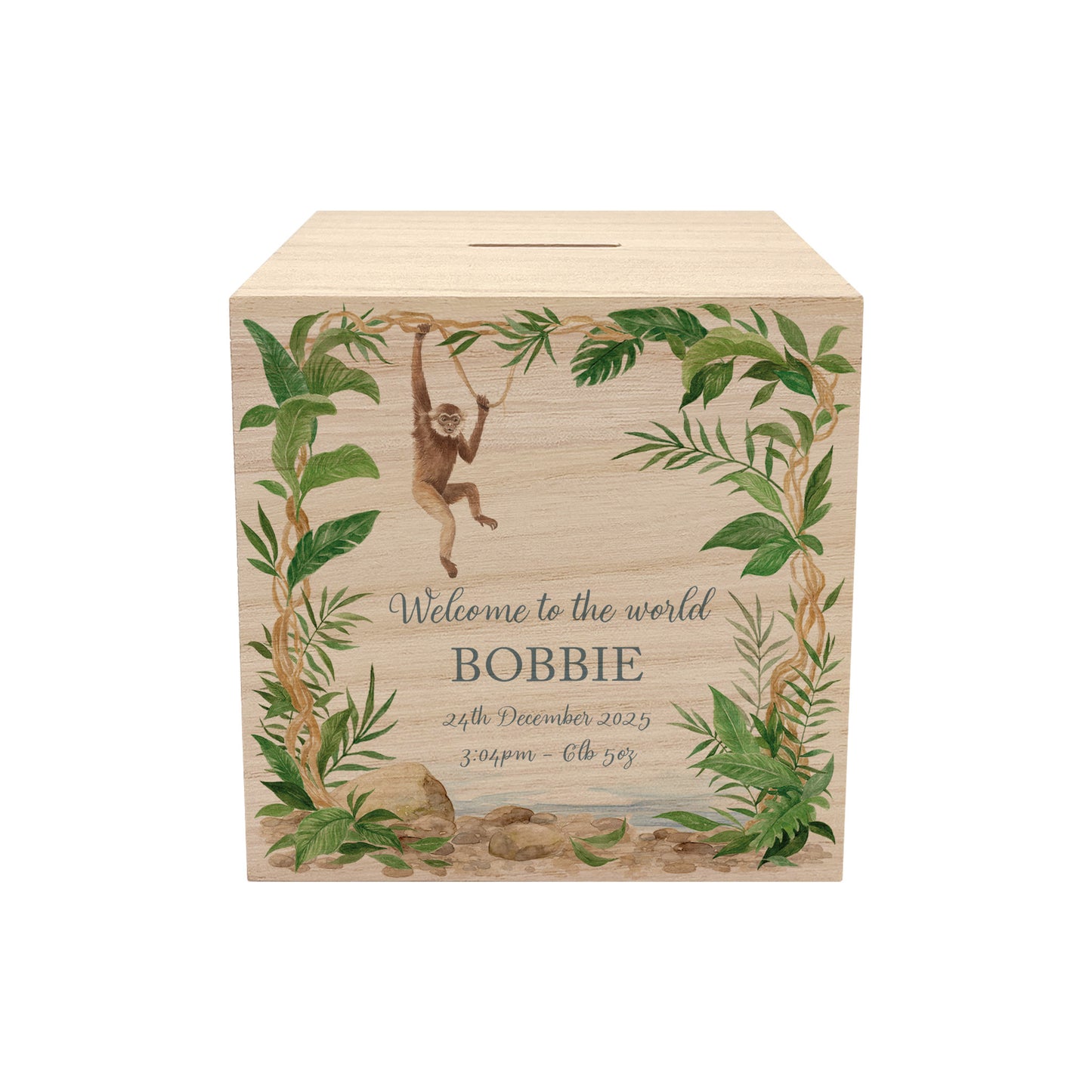 Cheeky little monkey swinging from the trees, watercolour baby money box handmade keepsake for new baby gift