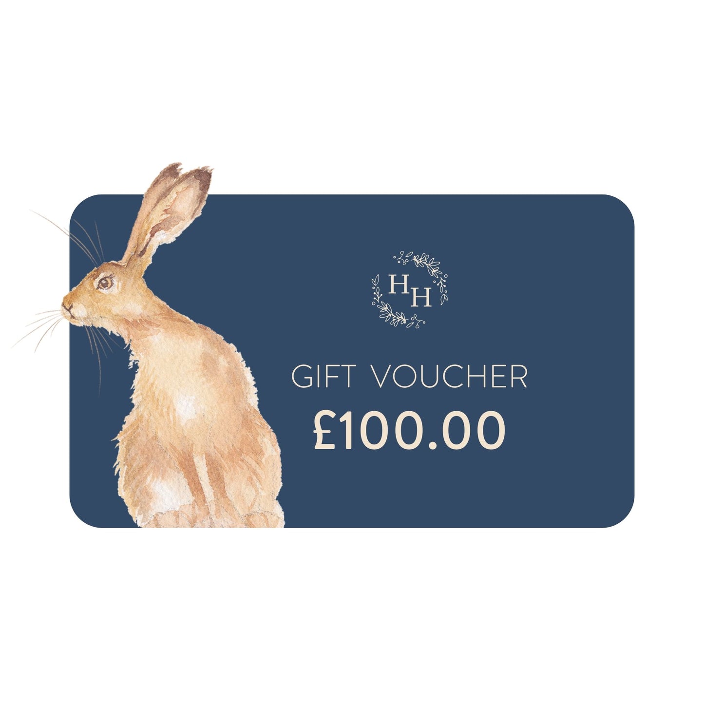 A gift voucher from The Humble Hare, the card features a hare, and shows the card value is £100.