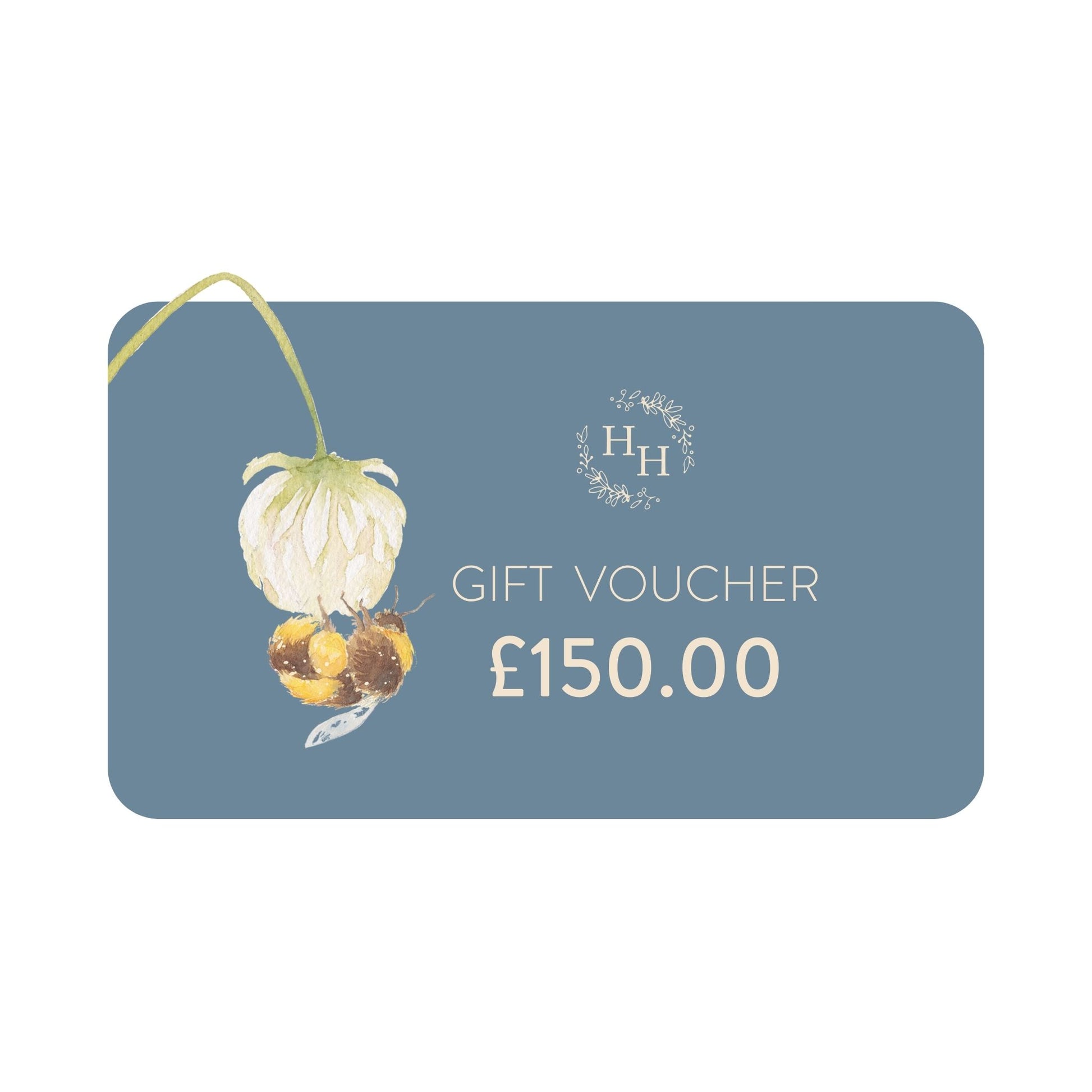 A gift voucher from The Humble Hare, the card features a bumblebee sitting on a clover flower, and shows the card value is £150.