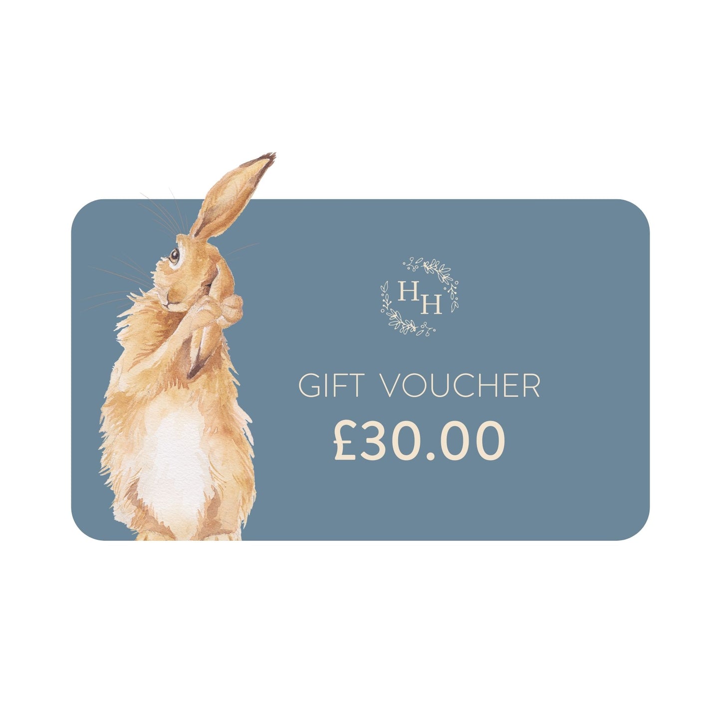 A gift voucher from The Humble Hare, the card features a hare washing his ear, and shows the card value is £30.