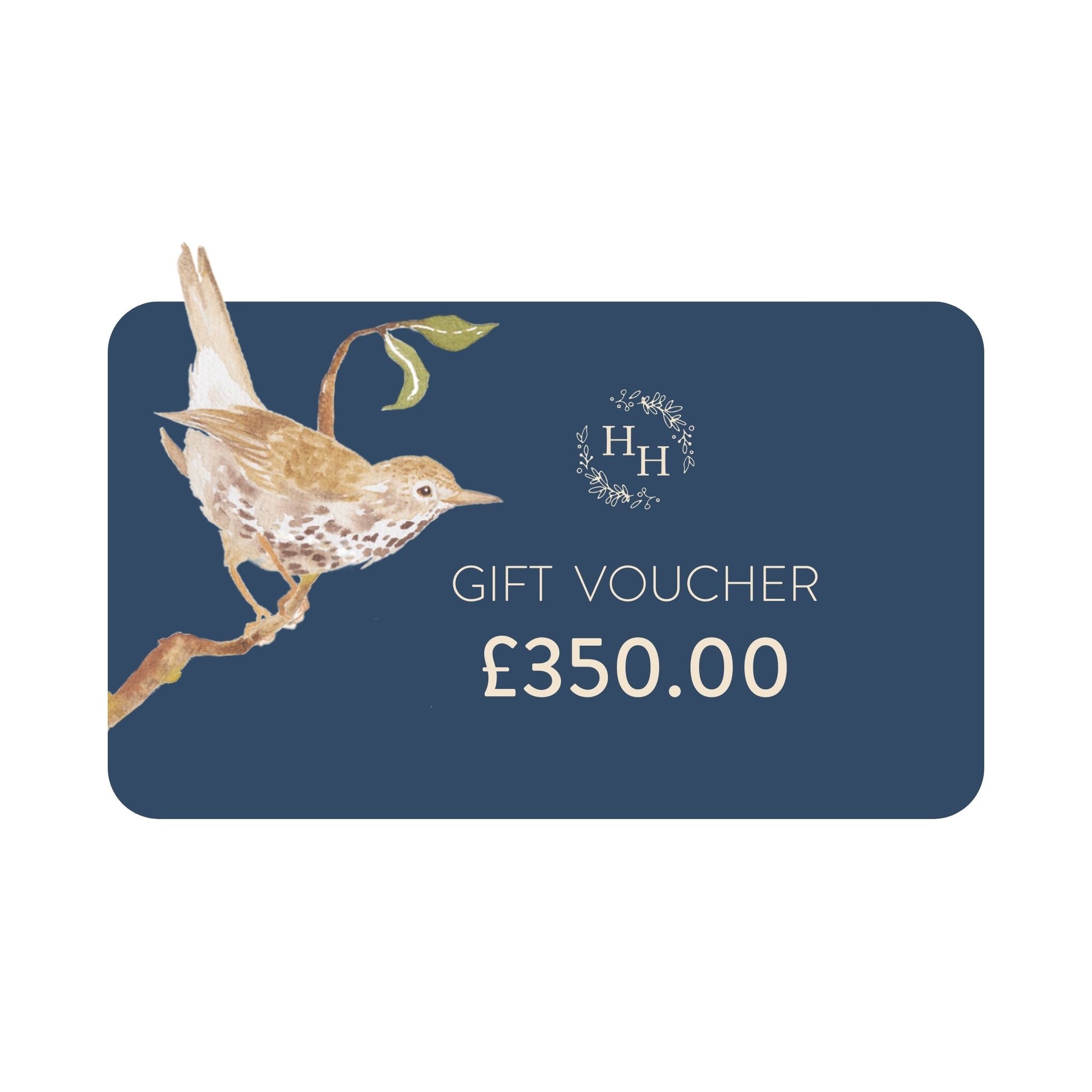 A gift voucher from The Humble Hare, the card features a song thrush sitting on a branch, and shows the card value is £350.