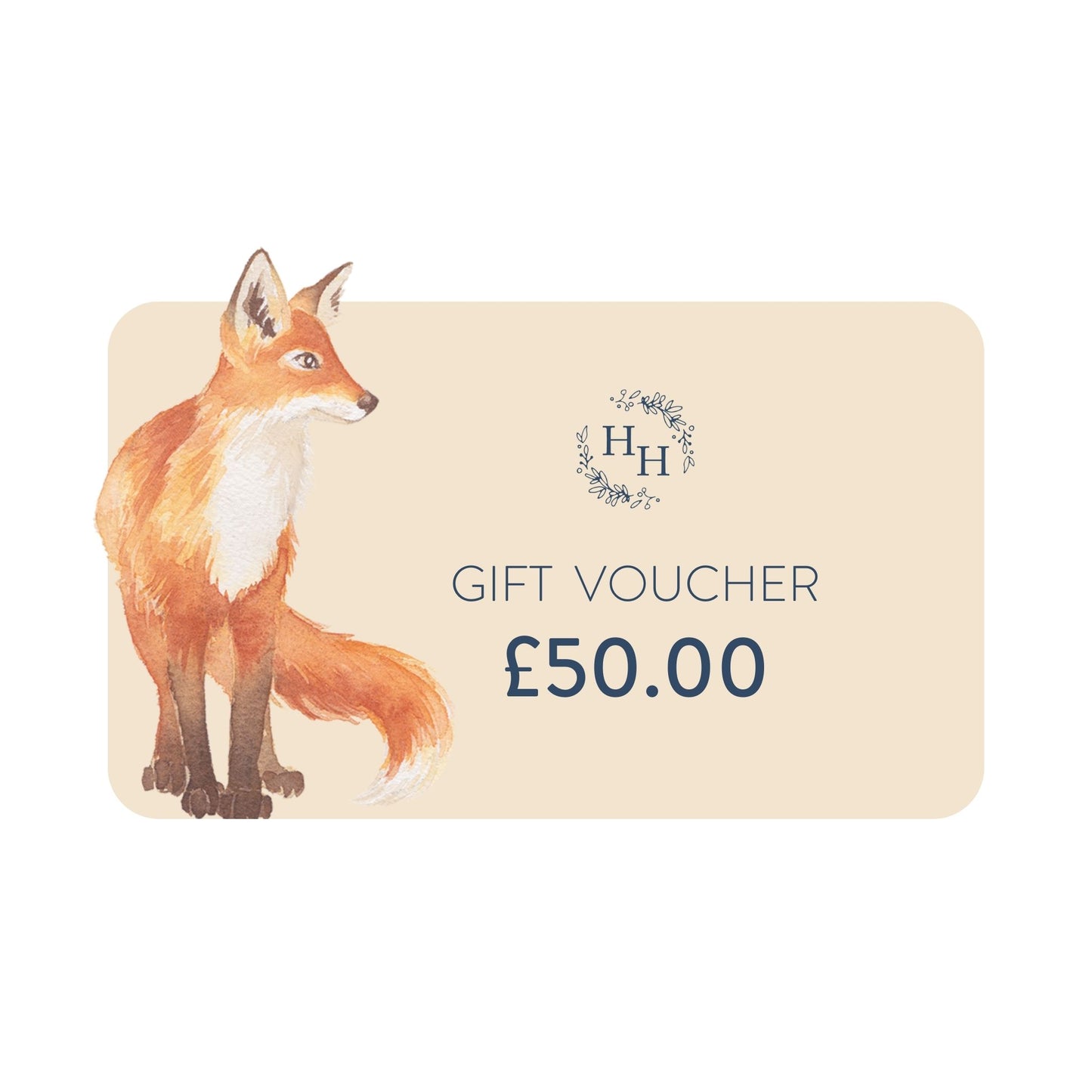 A gift voucher from The Humble Hare, the card features a fox cub, and shows the card value is £50.