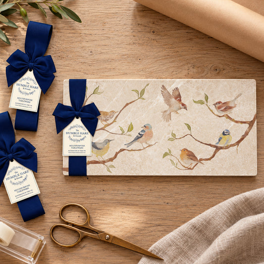 A rectangular marble cheeseboard, tied with a dark blue ribbon and paper tag. It is arranged on a wooden tabletop with matching ribboned packages, gold scissors and wrapping paper.