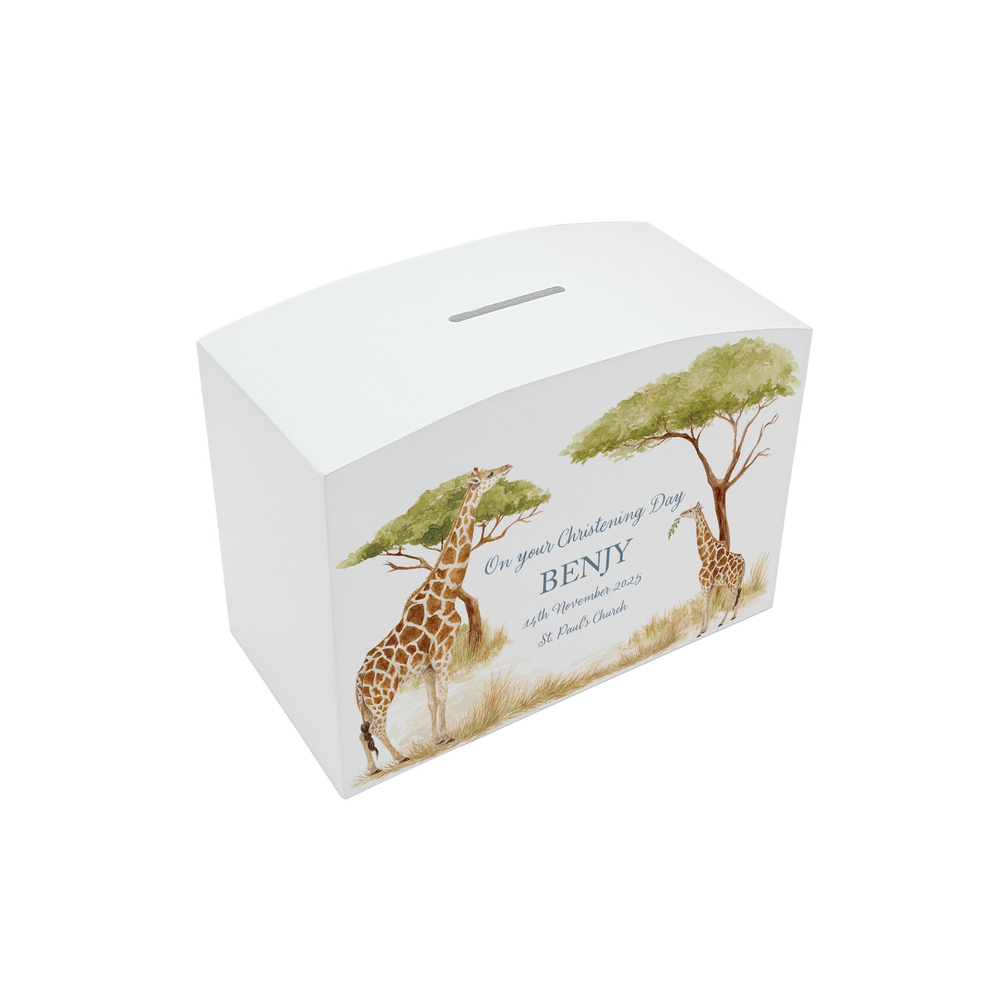 Personalised money box, Giraffe water colour design. 