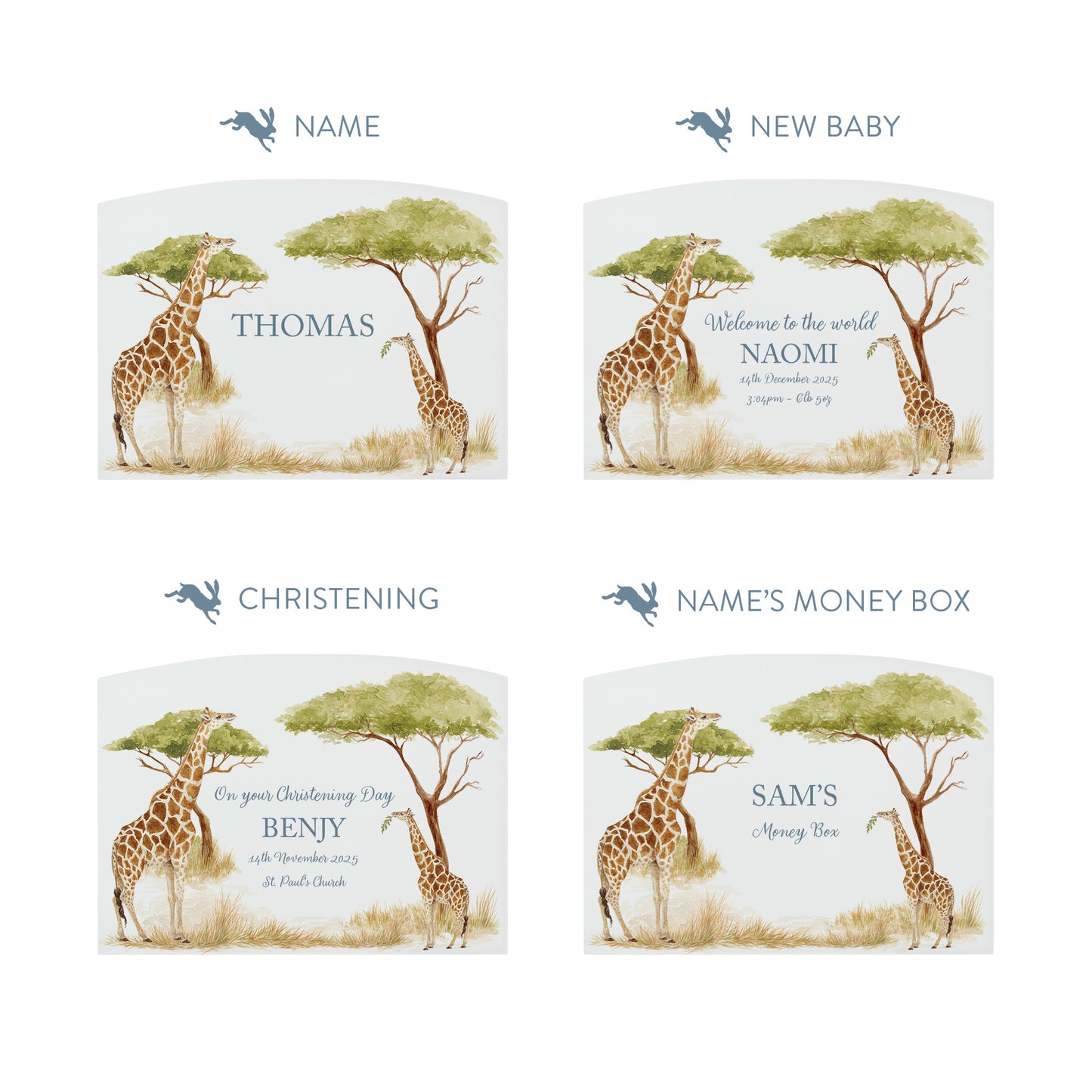 Personalised money box, Giraffe water colour design. 