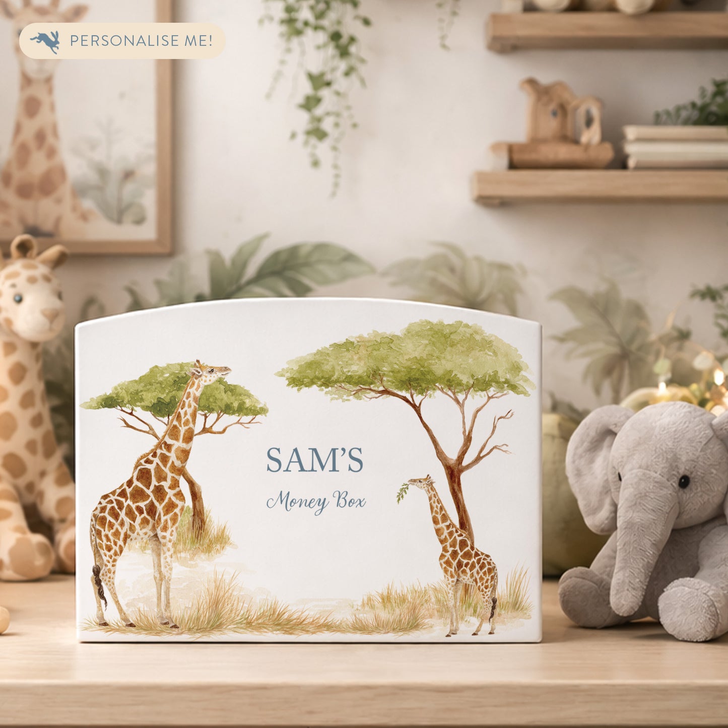 Personalised money box, Giraffe water colour design. 