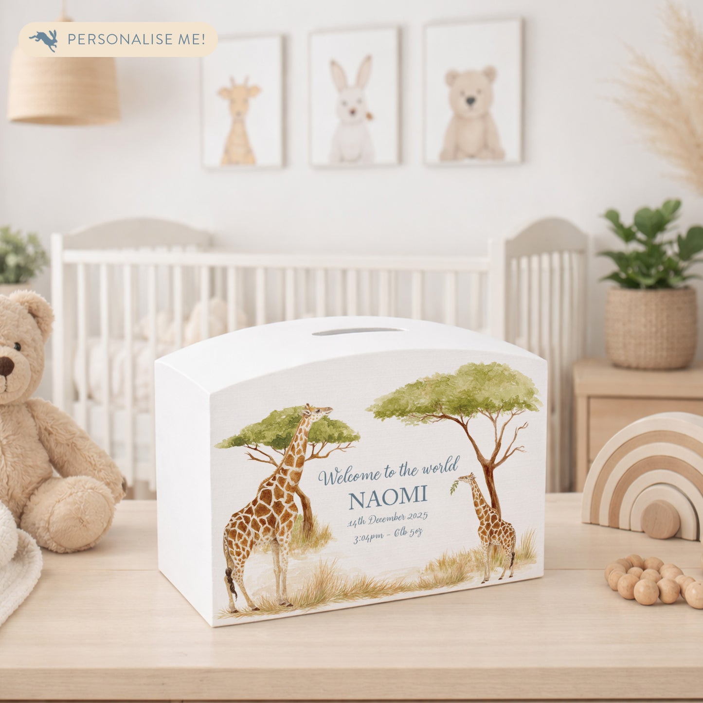 Personalised money box, Giraffe water colour design. 