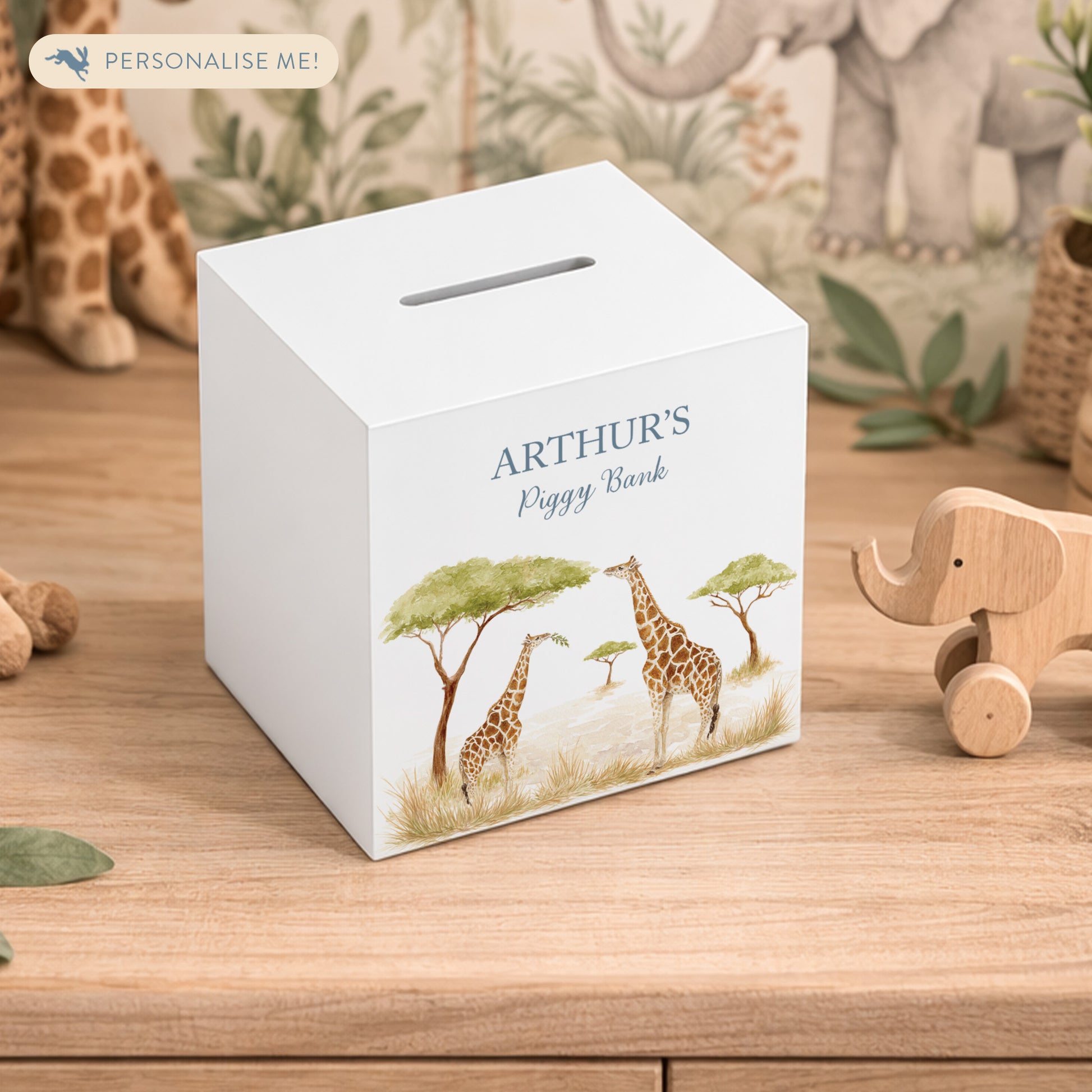 watercolour baby design money box handmade gift for newborn nursery Giraffe design, mummy and baby. 