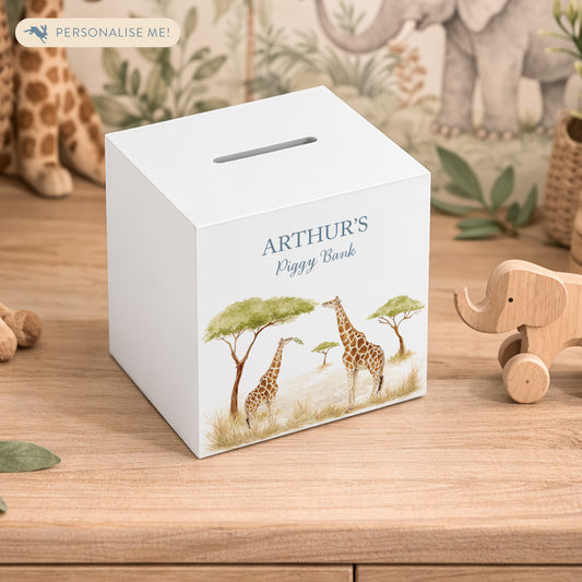 watercolour baby design money box handmade gift for newborn nursery Giraffe design, mummy and baby. 