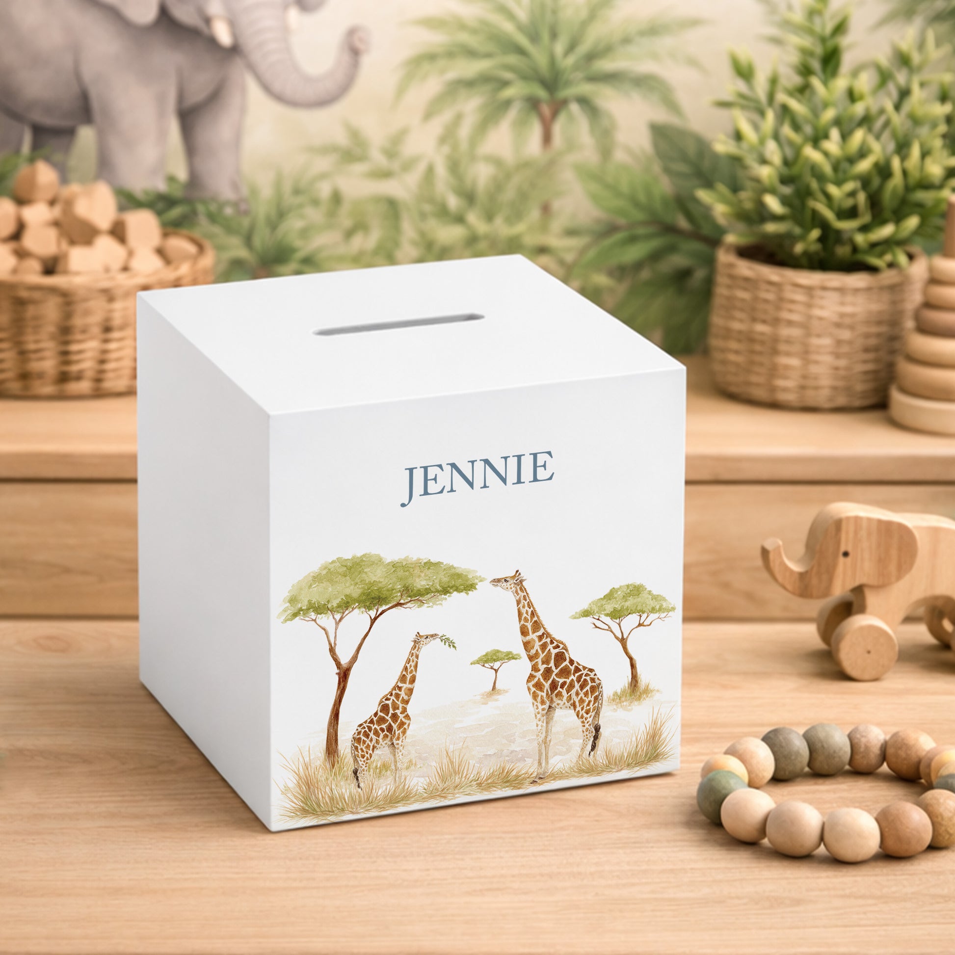 watercolour baby design money box handmade gift for newborn nursery Giraffe design, mummy and baby. 