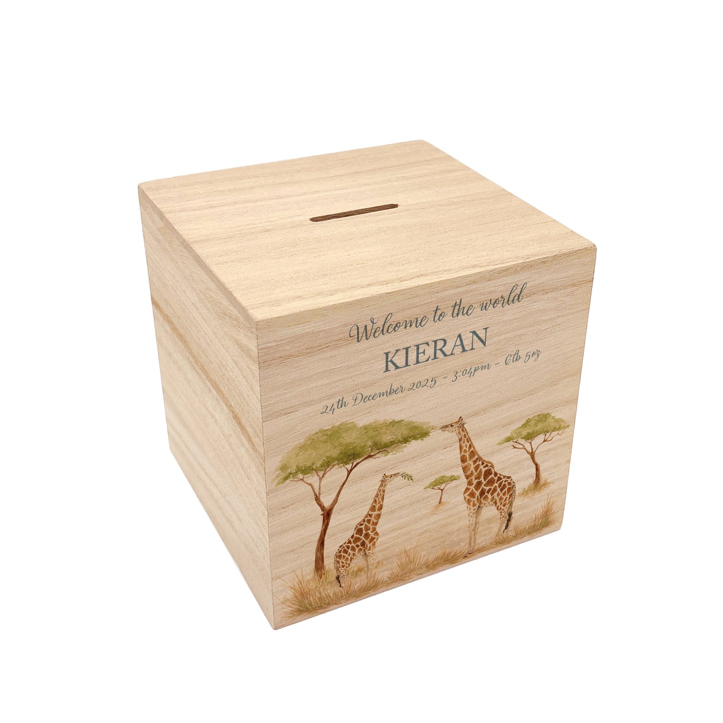 personalised handmade money box with watercolour design for childrens bedroom, mummy and baby Giraffe grazing in the sunshine