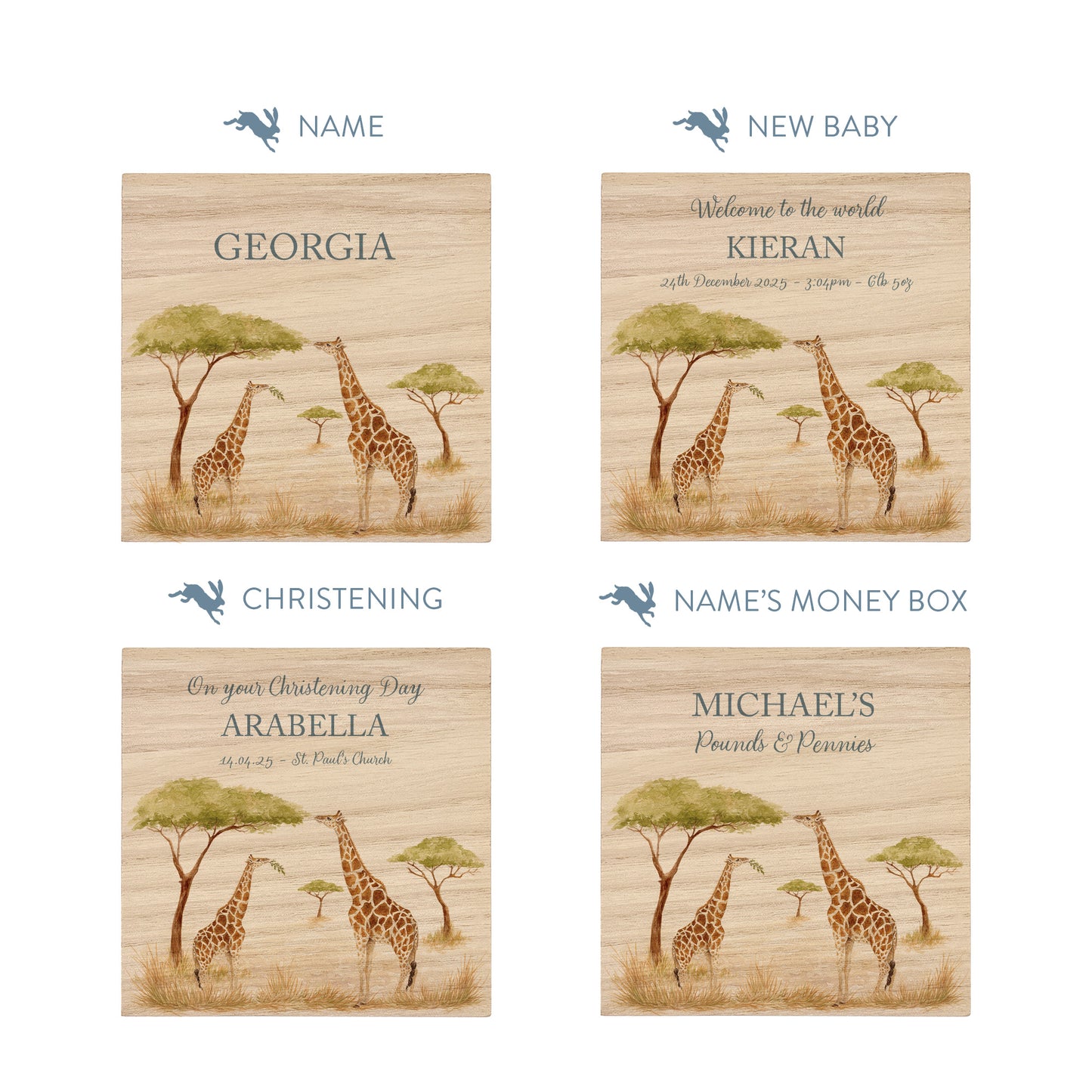 personalised handmade money box with watercolour design for childrens bedroom, mummy and baby Giraffe grazing in the sunshine