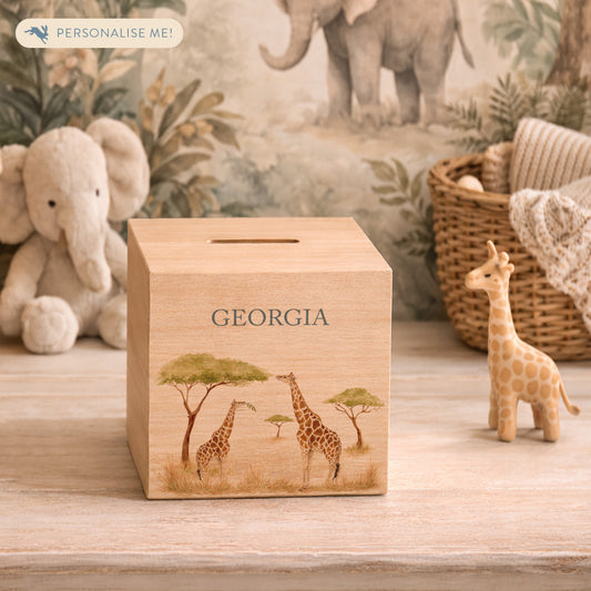 personalised handmade money box with watercolour design for childrens bedroom, mummy and baby Giraffe grazing in the sunshine