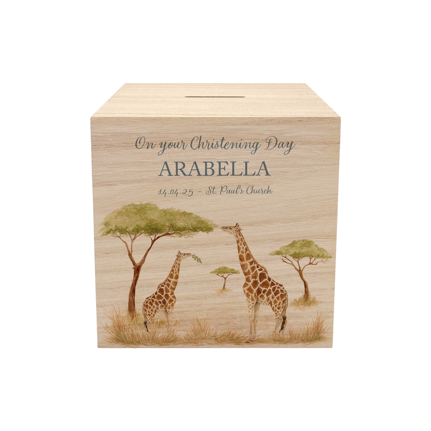 personalised handmade money box with watercolour design for childrens bedroom, mummy and baby Giraffe grazing in the sunshine