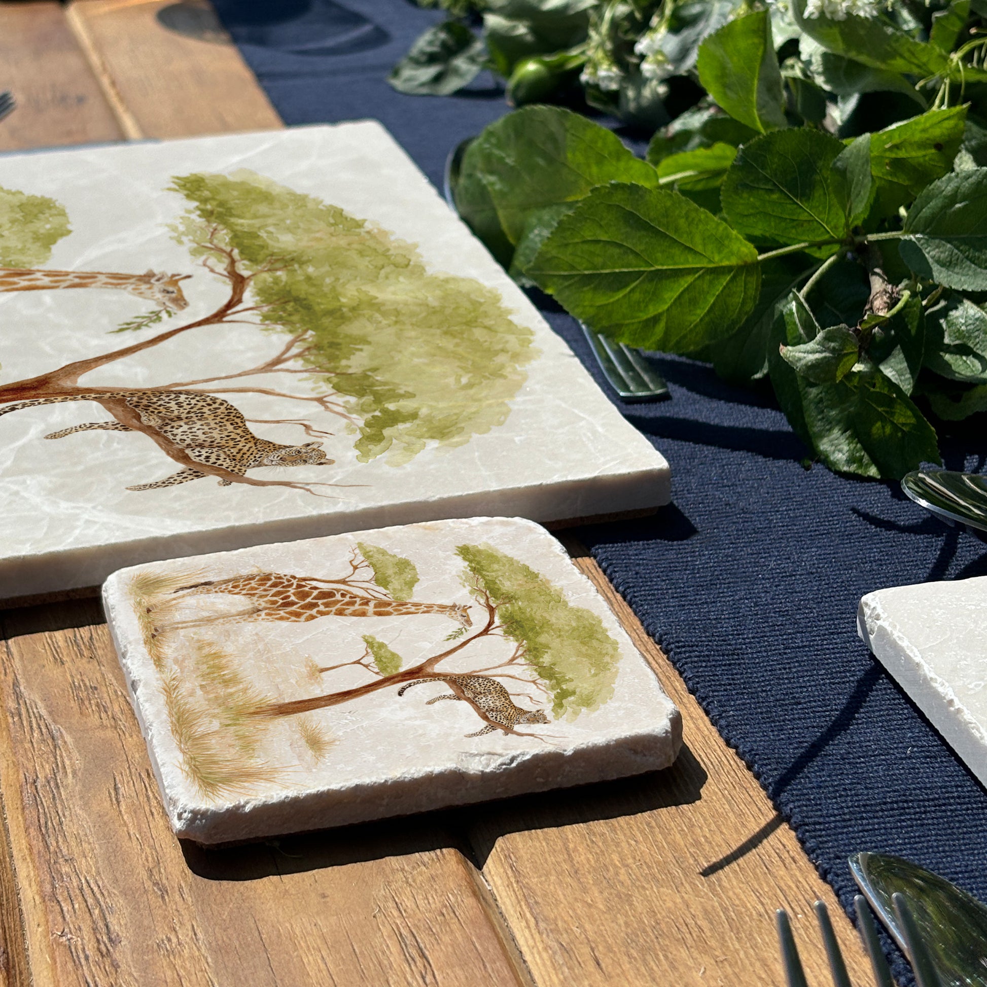 The Savannah Collectors set is perfect for the safari lover, featuring beautiful watercolour designs on our much loved marble platters and coasters. You can find a Giraffe and Leopard on these set of 4 coasters