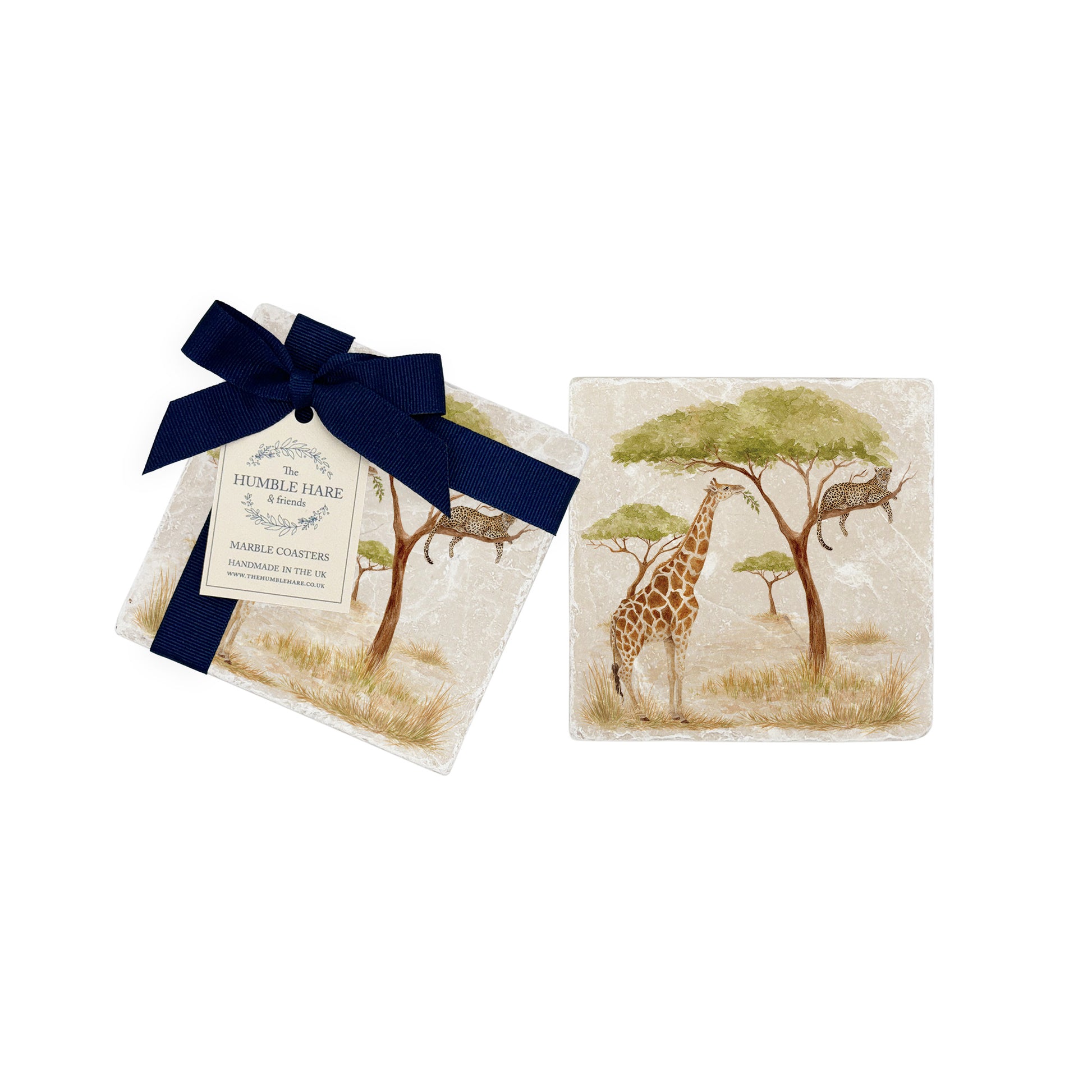 The Savannah Collectors set is perfect for the safari lover, featuring beautiful watercolour designs on our much loved marble coasters featuring a Giraffe and Leopard 