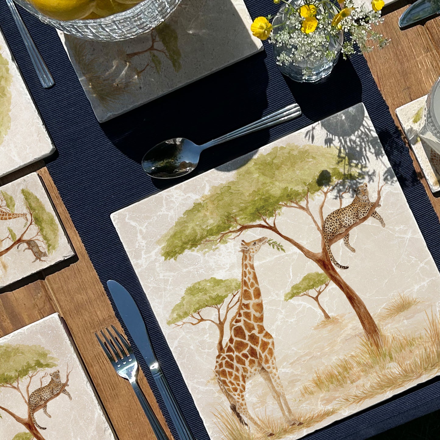 The Savannah Collectors set is perfect for the safari lover, featuring beautiful watercolour designs on our much loved marble platters and coasters. You can find a Giraffe and Leopard on this large platter 