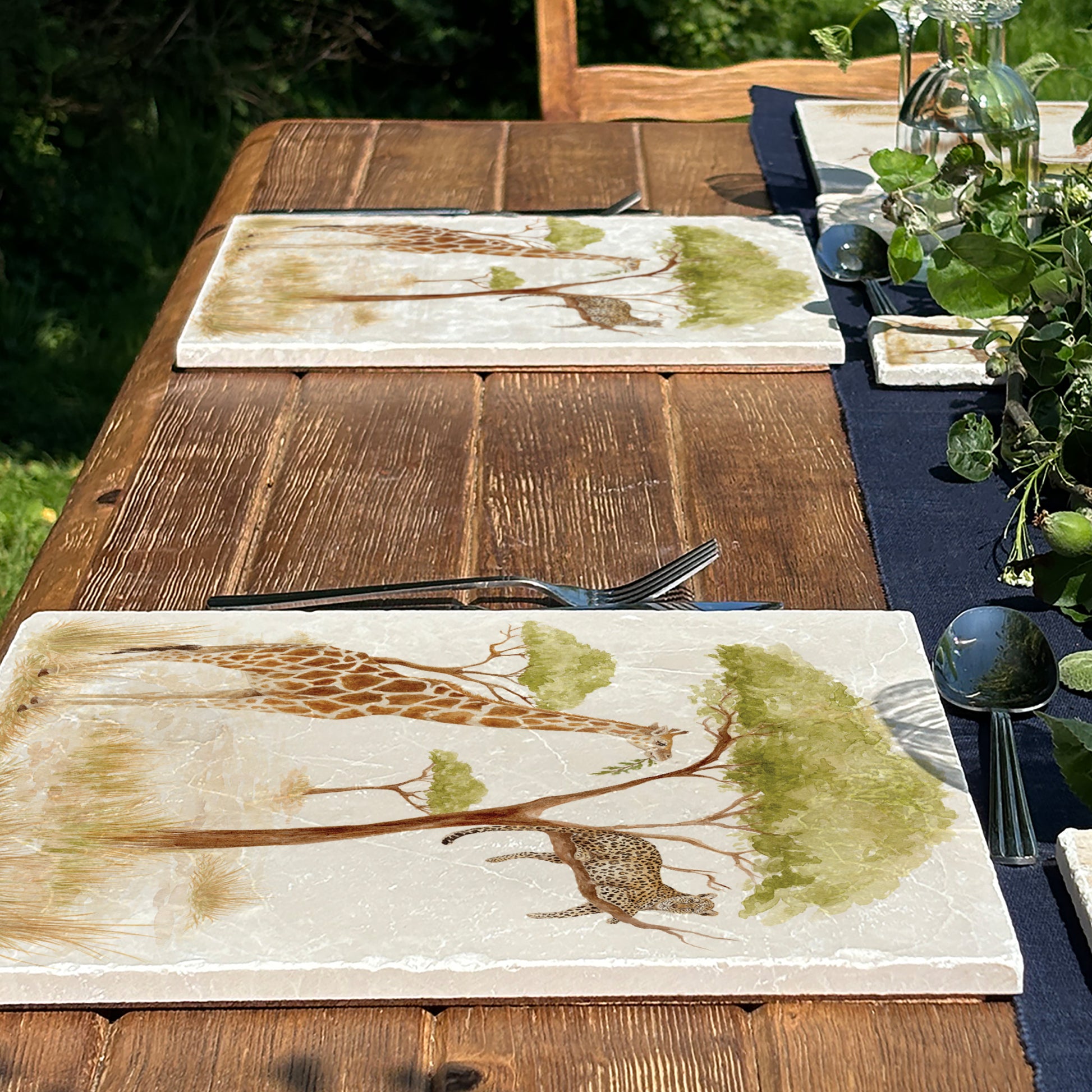 The Savannah Collectors set is perfect for the safari lover, featuring beautiful watercolour designs on our much loved marble platters and coasters. You can find a Giraffe and Leopard on this large platter 