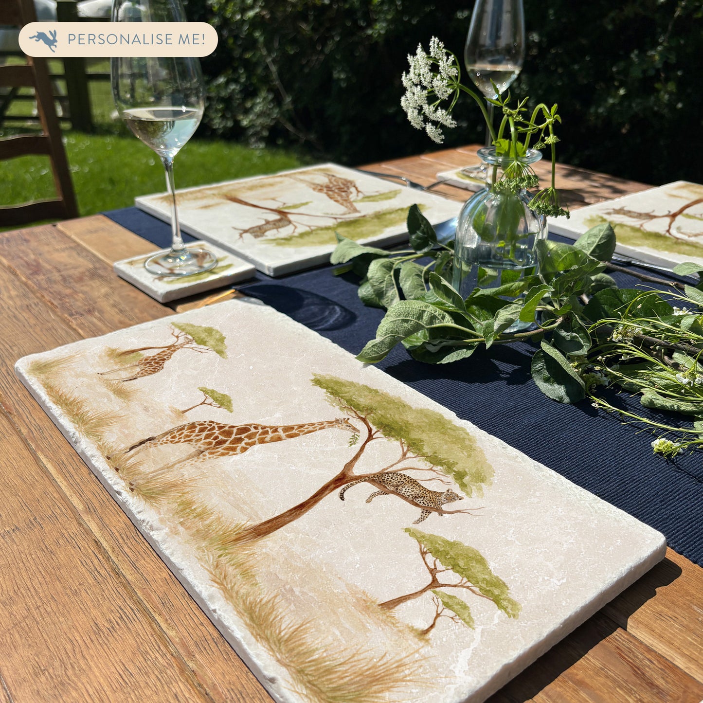 The Savannah Collectors set is perfect for the safari lover, featuring beautiful watercolour designs on our much loved marble platters and coasters. You can find a Giraffe and Leopard on this sharing platter 