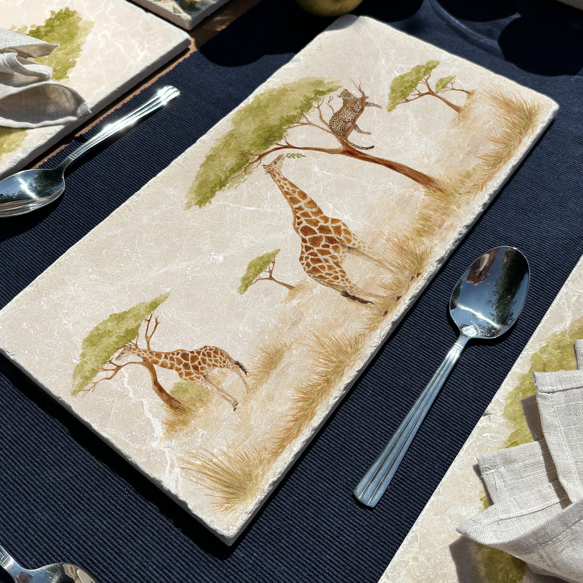 The Savannah Collectors set is perfect for the safari lover, featuring beautiful watercolour designs on our much loved marble platters and coasters. You can find a Giraffe and Leopard on this sharing platter 