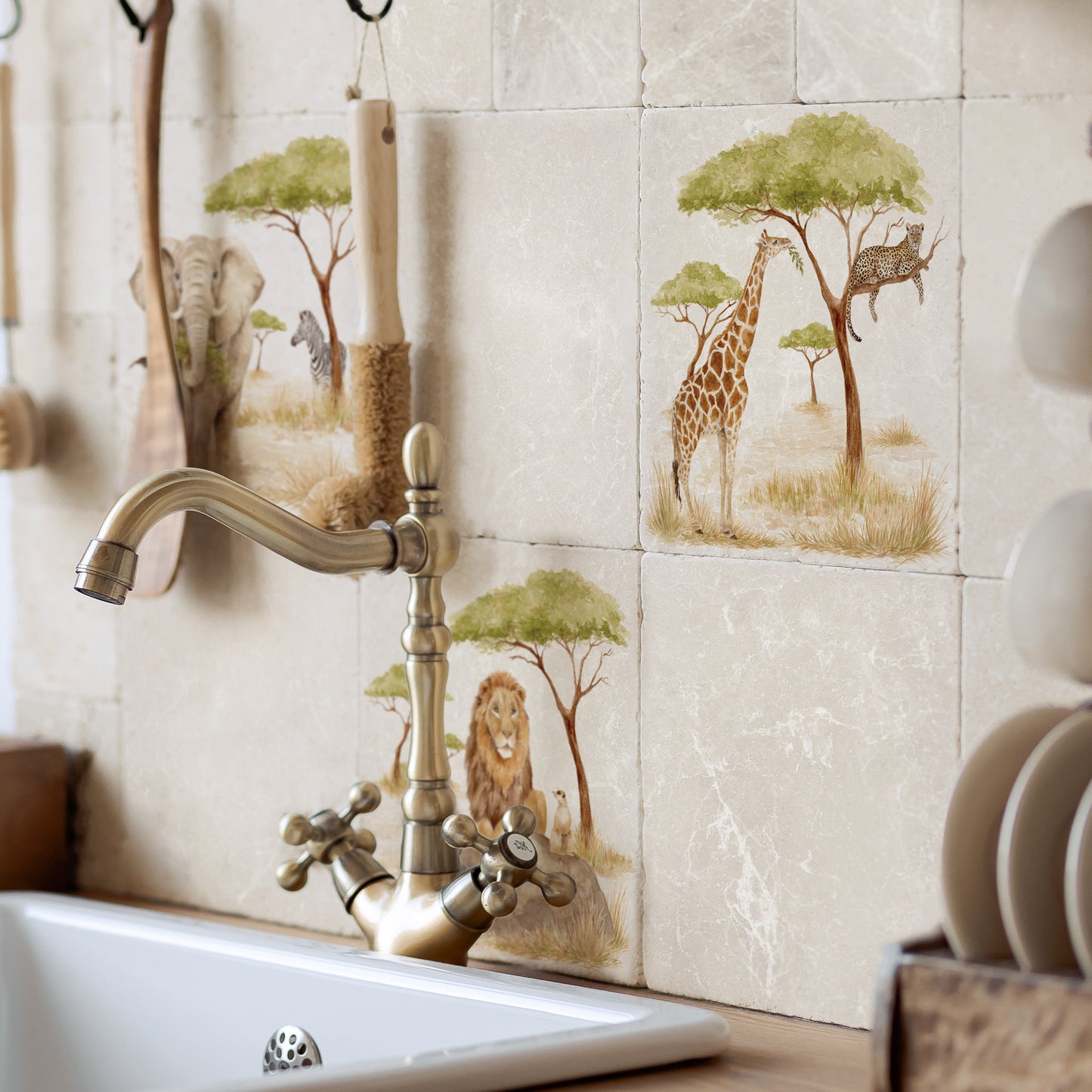 Watercolour Giraffe roaming the Savannah whilst the lazy Leopard rests in the tree. Safari Kitchen tiles 