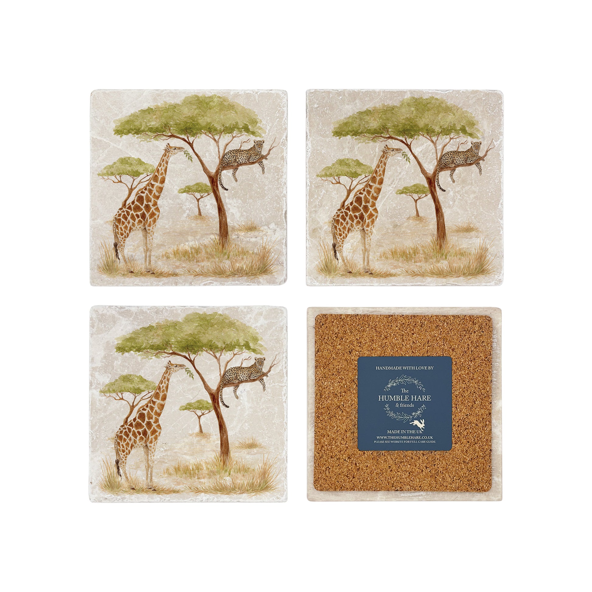 The Savannah Collectors set is perfect for the safari lover, featuring beautiful watercolour designs on our much loved marble platters and coasters. You can find a Giraffe and Leopard on these set of 4 coasters