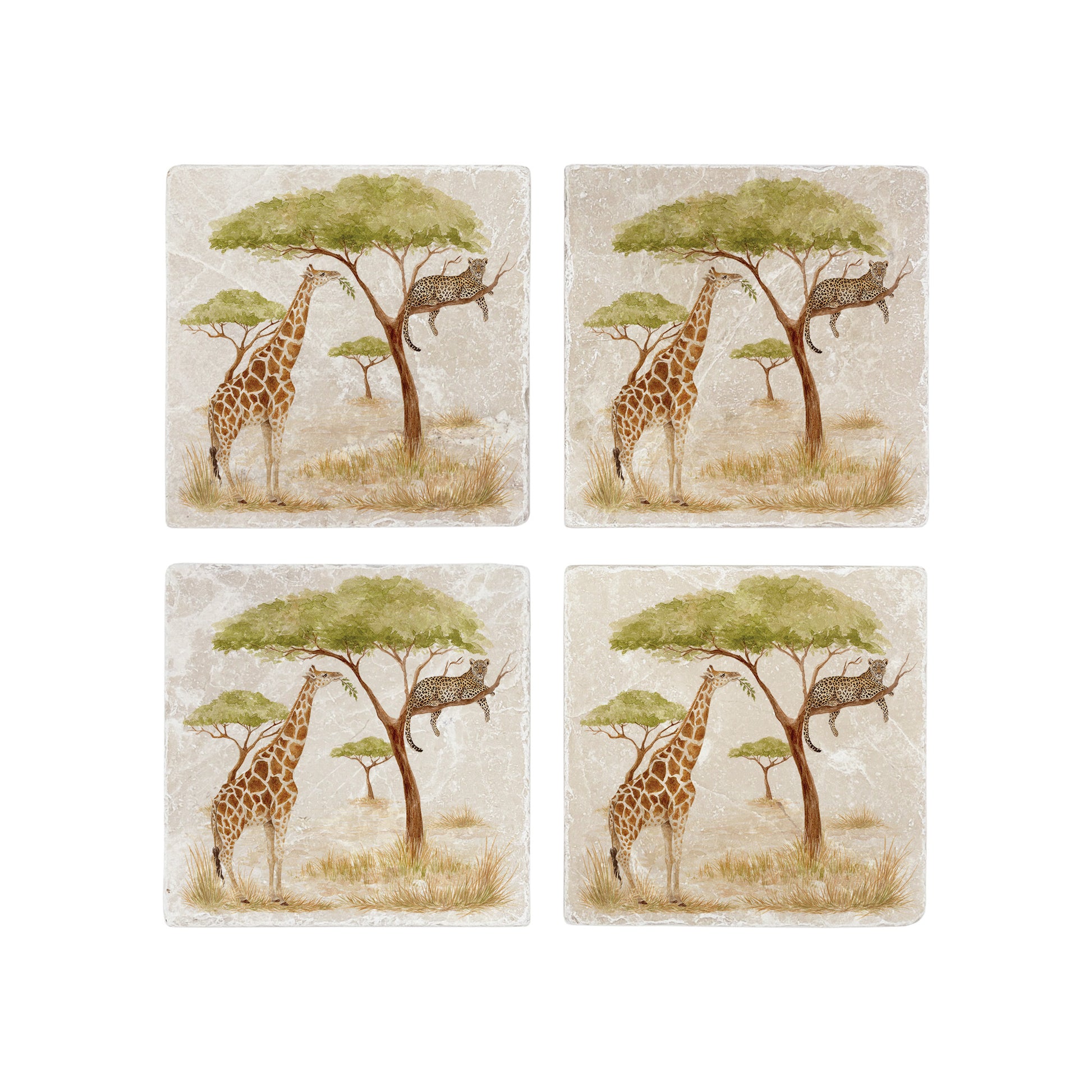 The Savannah Collectors set is perfect for the safari lover, featuring beautiful watercolour designs on our much loved marble platters and coasters. You can find a Giraffe and Leopard on these set of 4 coasters
