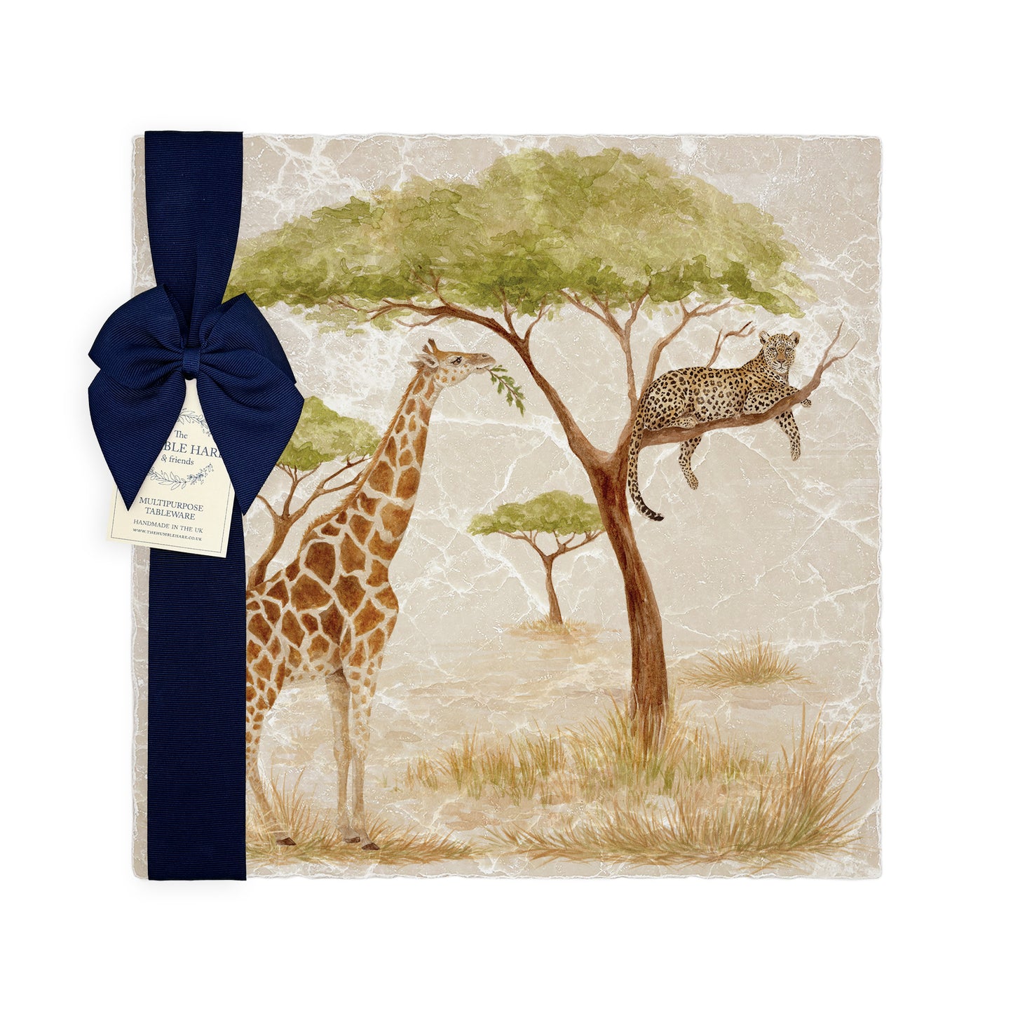 The Savannah Collectors set is perfect for the safari lover, featuring beautiful watercolour designs on our much loved marble platters and coasters. You can find a Giraffe and Leopard on this large platter 