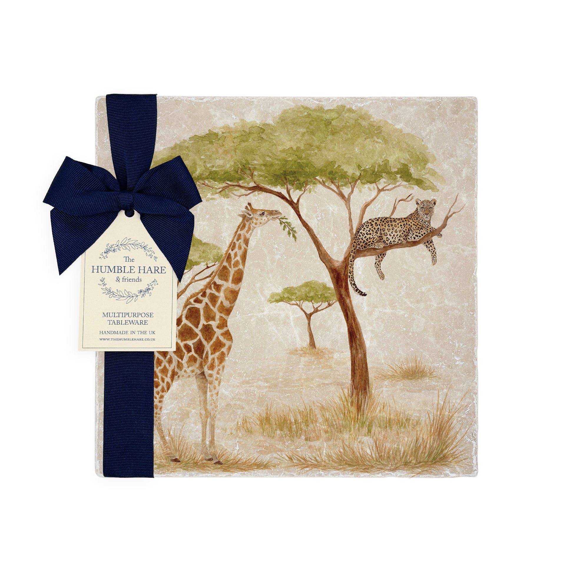The Savannah Collectors set is perfect for the safari lover, featuring beautiful watercolour designs on our much loved marble platters and coasters. You can find a Giraffe and Leopard on this medium  platter 