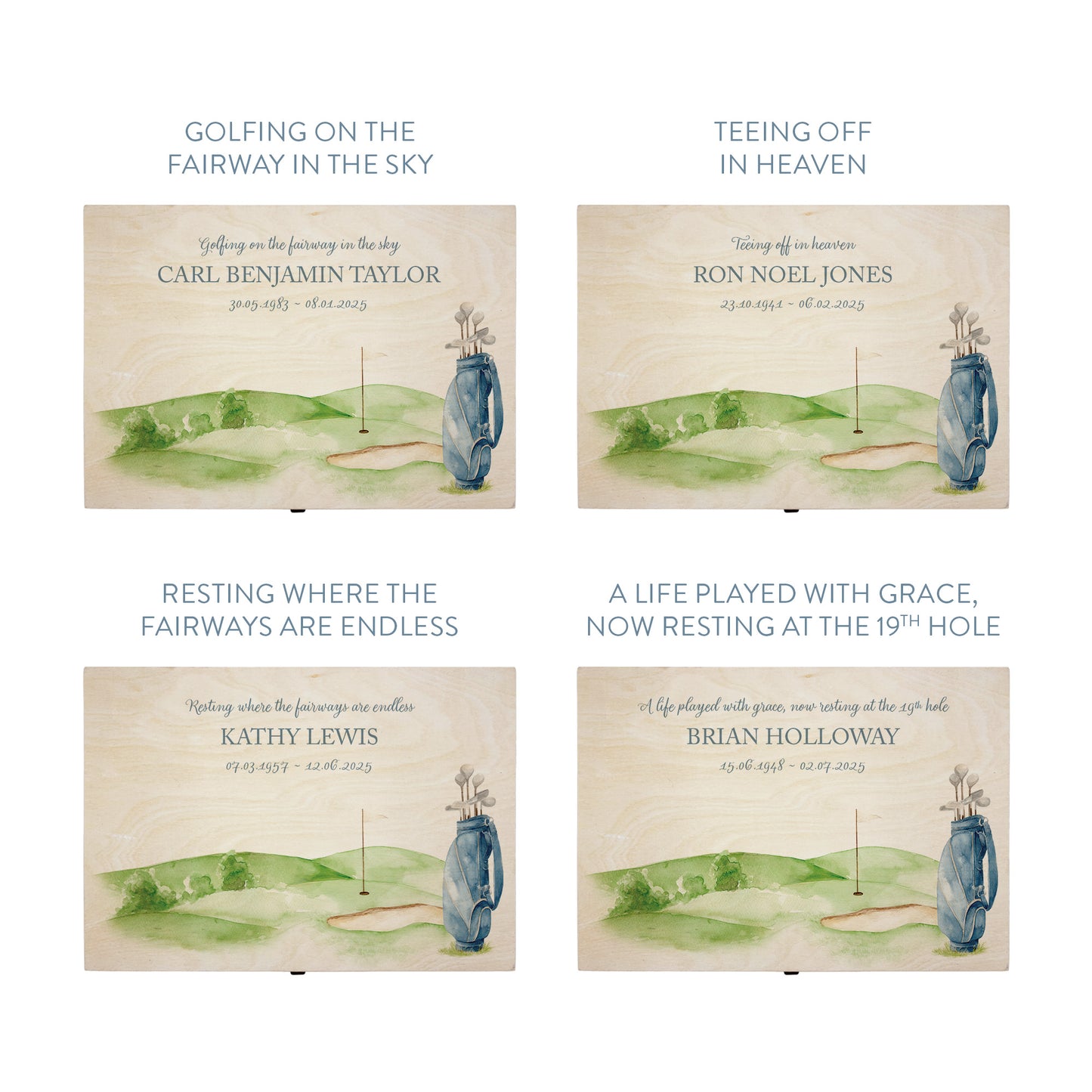 Wooden box with a decorative lid featuring illustrations of Golf Green and Bag Perfect funeral memory keepsake box, for storing ashes, order of service, flowers. capturing your loved ones favourite hobby