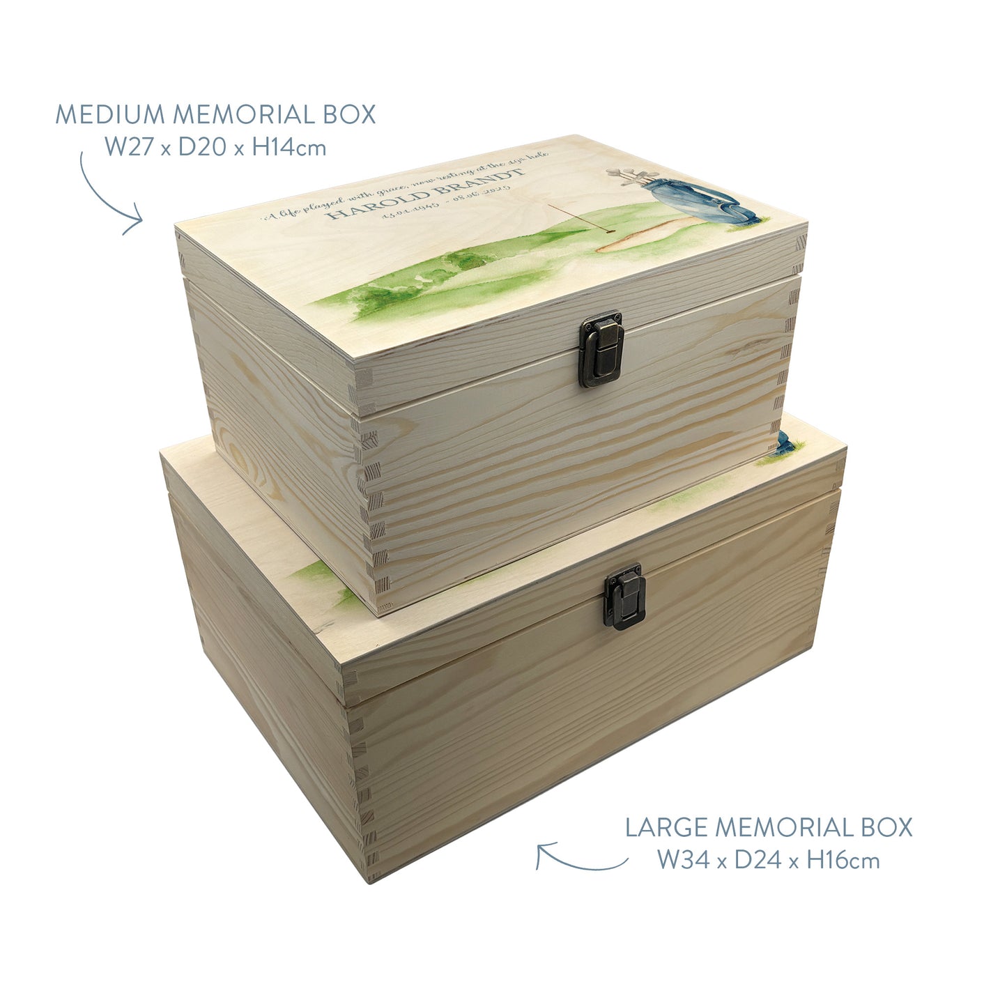 Wooden box with a decorative lid featuring illustrations of Golf Green and Bag Perfect funeral memory keepsake box, for storing ashes, order of service, flowers. capturing your loved ones favourite hobby