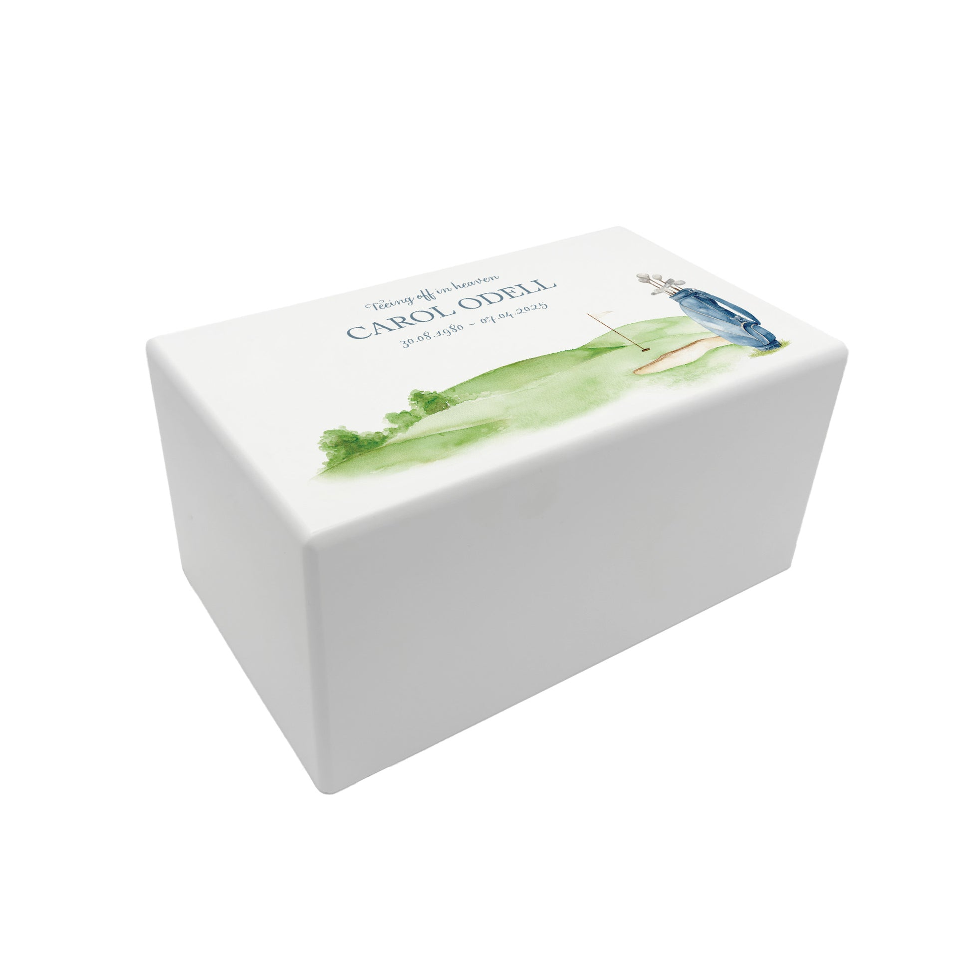 Luxury solid wooden white painted Urn featuring a Golf Bag memorial, capturing your loved ones hobby. A watercolour illustration, our urns and Caskets for displaying or burying ashes. Customisable and can be personalised. Perfect funeral memory keepsake urn, for storing ashes for humans and pets. 