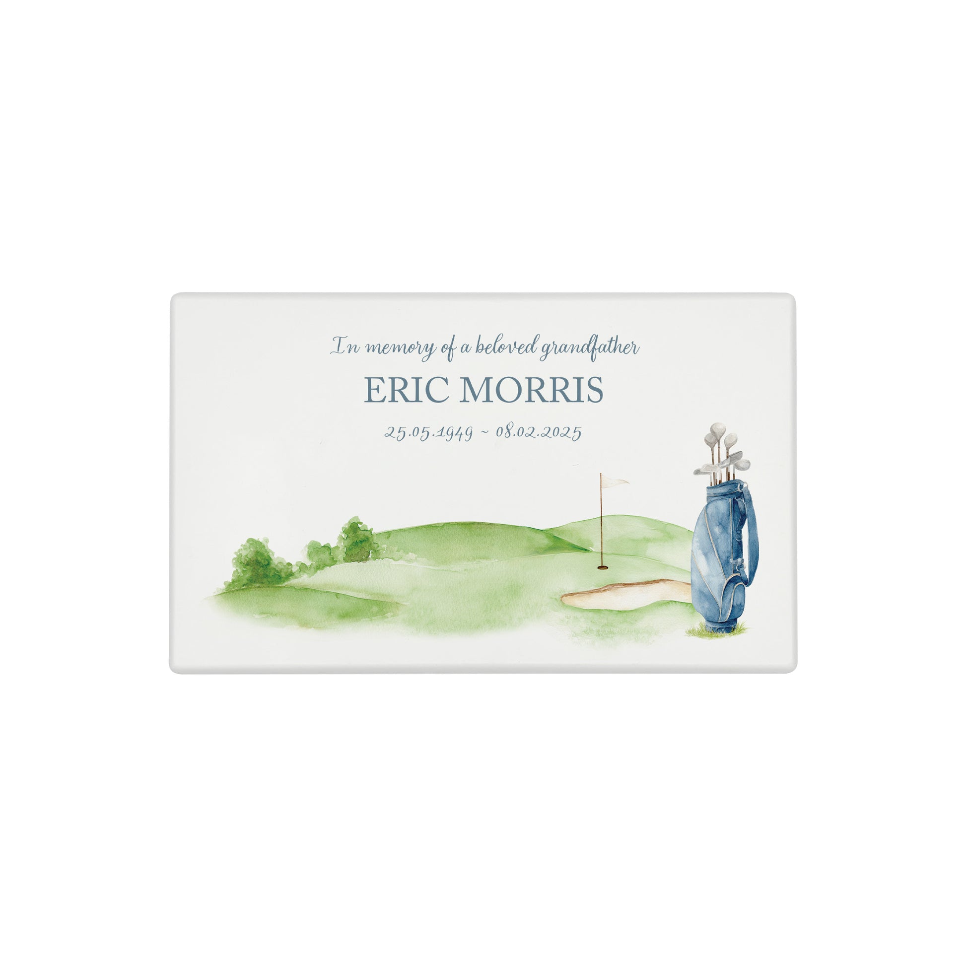 Luxury solid wooden white painted Urn featuring a Golf Bag memorial, capturing your loved ones hobby. A watercolour illustration, our urns and Caskets for displaying or burying ashes. Customisable and can be personalised. Perfect funeral memory keepsake urn, for storing ashes for humans and pets. 