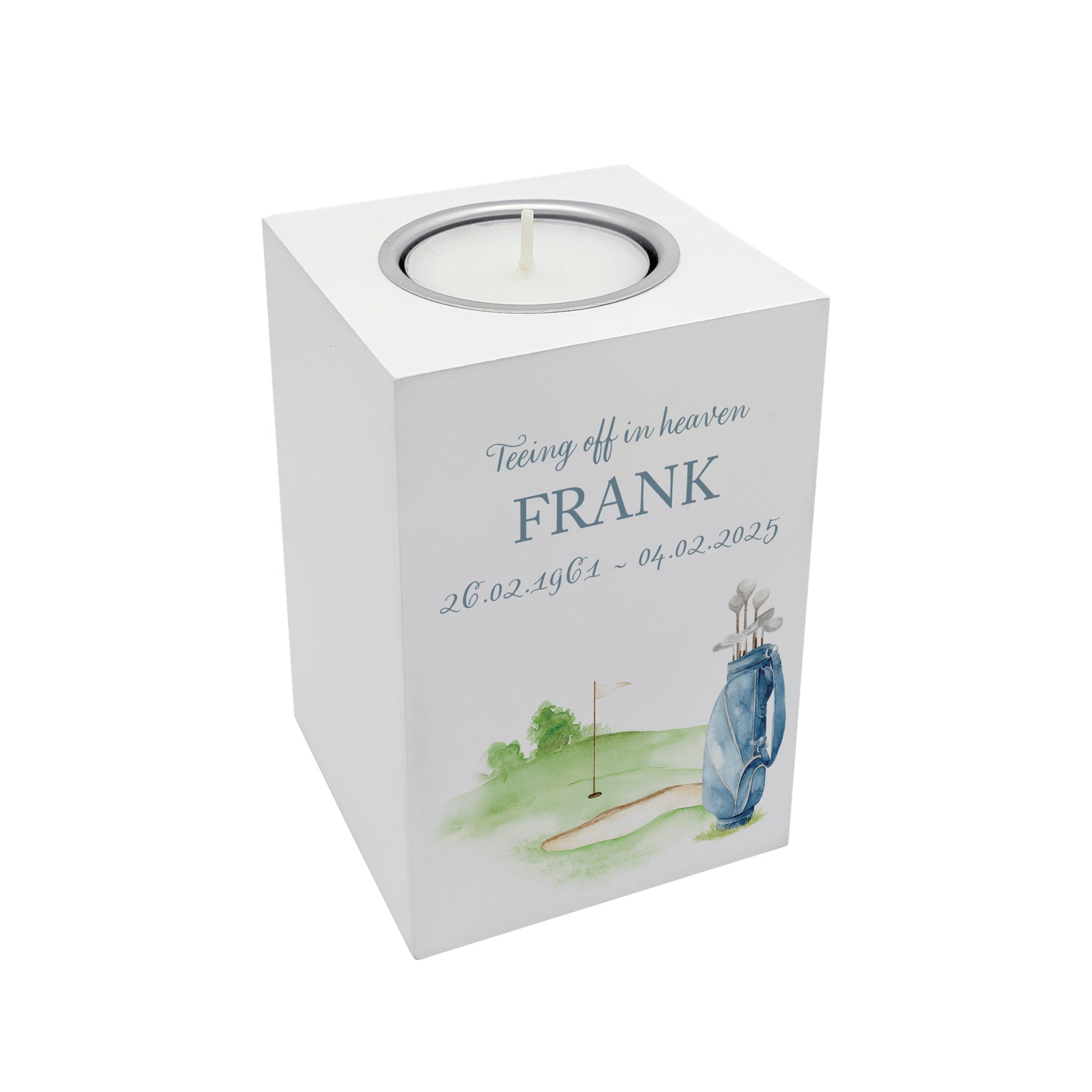 wooden cuboid luxury tealight holder with gorgeous personalised options . Each product is lovingly designed, handmade with our Countryside inspired watercolour designs. This design features a Golf bag on a golf green, perfect for Brother, Dad, Son or Grandad. unique designs to remember a loved on, great for memorial occasions 
