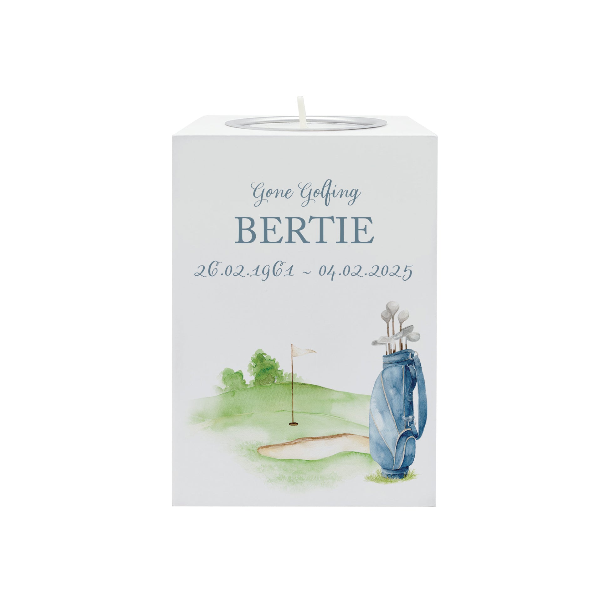 wooden cuboid luxury tealight holder with gorgeous personalised options . Each product is lovingly designed, handmade with our Countryside inspired watercolour designs. This design features a Golf bag on a golf green, perfect for Brother, Dad, Son or Grandad. unique designs to remember a loved on, great for memorial occasions 