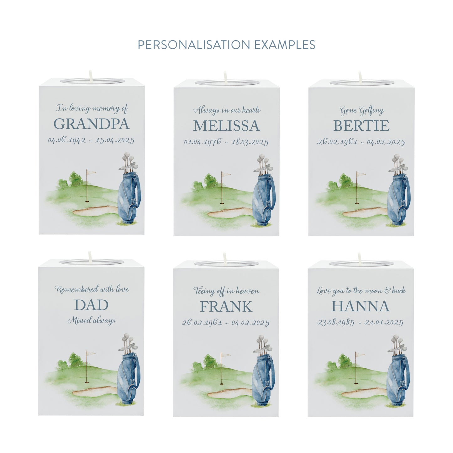 wooden cuboid luxury tealight holder with gorgeous personalised options . Each product is lovingly designed, handmade with our Countryside inspired watercolour designs. This design features a Golf bag on a golf green, perfect for Brother, Dad, Son or Grandad. unique designs to remember a loved on, great for memorial occasions 