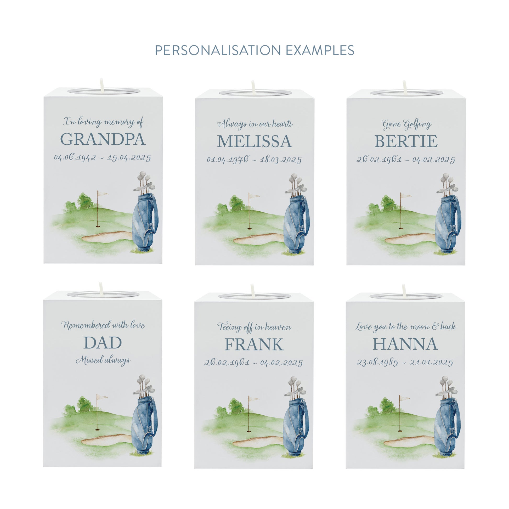 wooden cuboid luxury tealight holder with gorgeous personalised options . Each product is lovingly designed, handmade with our Countryside inspired watercolour designs. This design features a Golf bag on a golf green, perfect for Brother, Dad, Son or Grandad. unique designs to remember a loved on, great for memorial occasions 