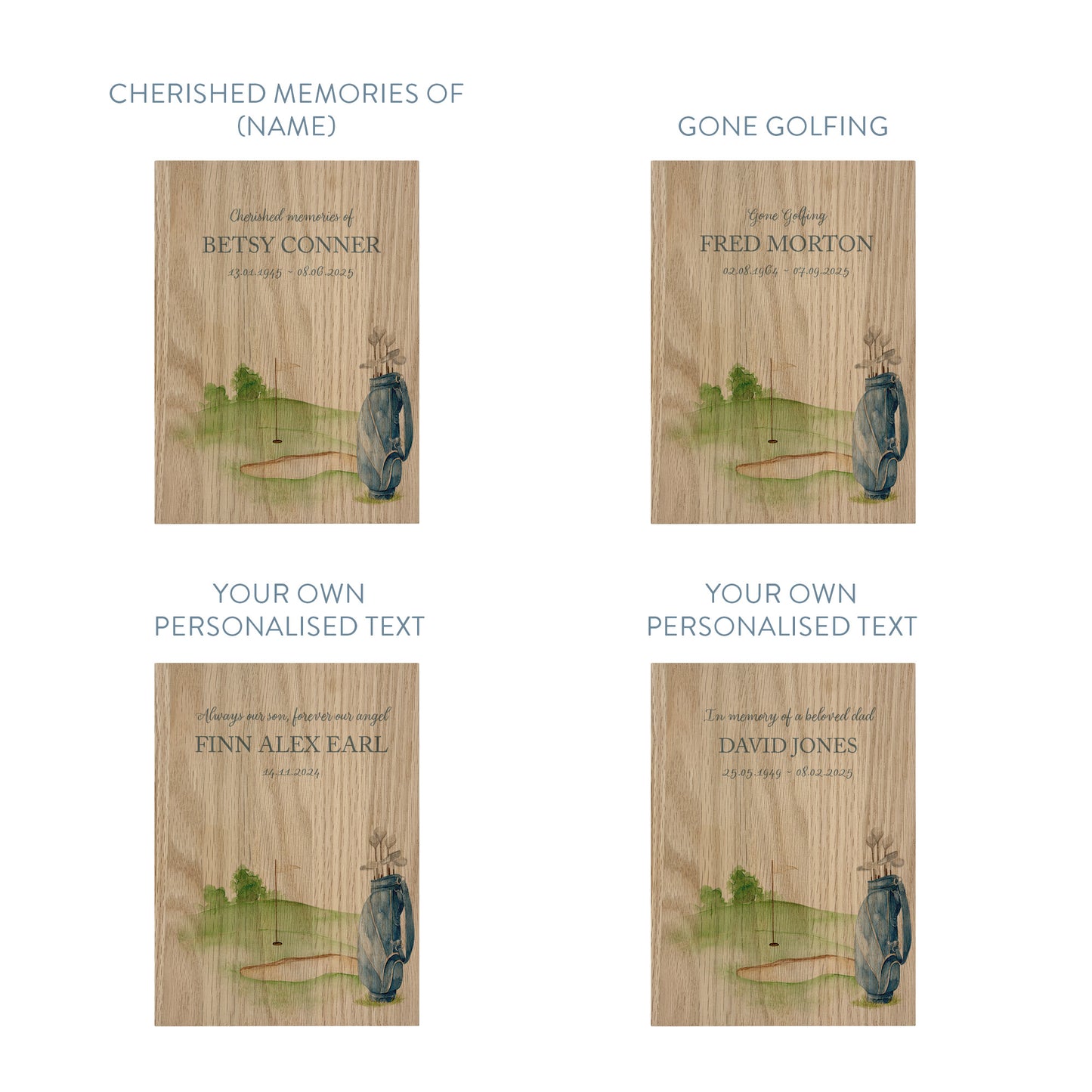 Memorial Solid Oak Photo Frame, personalise with your own message or select from our drop down selection. handmade watercolour paintings, this design features a Golf Bag sat on a golf Green. Perfect for Grandad, Dad, Uncle, Brother
