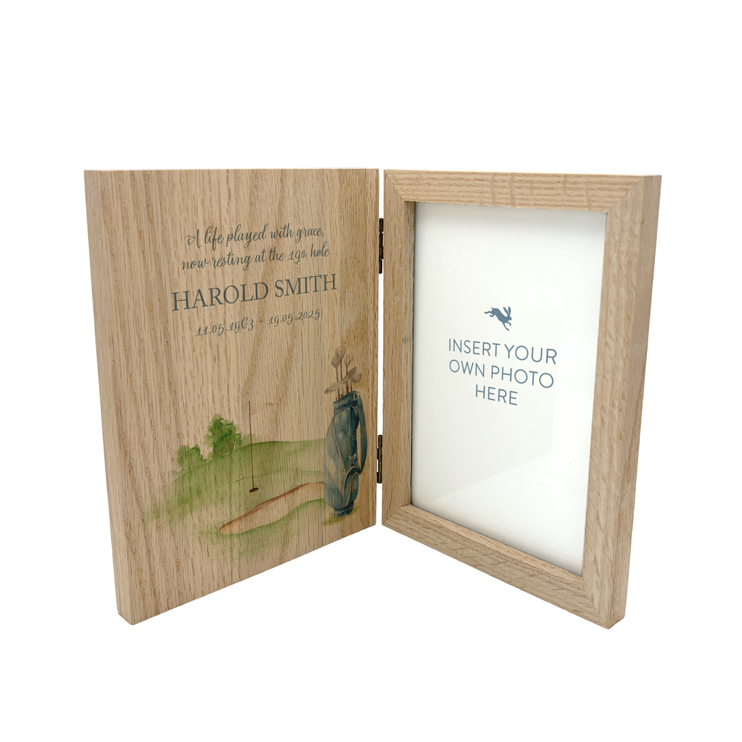 Memorial Solid Oak Photo Frame, personalise with your own message or select from our drop down selection. handmade watercolour paintings, this design features a Golf Bag sat on a golf Green. Perfect for Grandad, Dad, Uncle, Brother