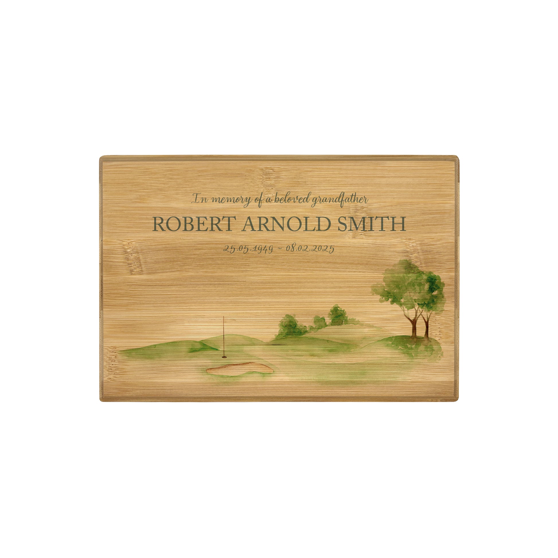 A beautifully crafted solid Bamboo wooden urn, personalised and finished with a soft watercolour design of a golf green, Perfect for the Golf lover- Great for Dad, Grandad, Brother, Son, Uncle.  Thoughtfully made for either display or burial, this personalised urn can be customised to create a meaningful memorial. Perfect for holding ashes of a loved one or a beloved pet, it serves as a comforting tribute and keepsake. 