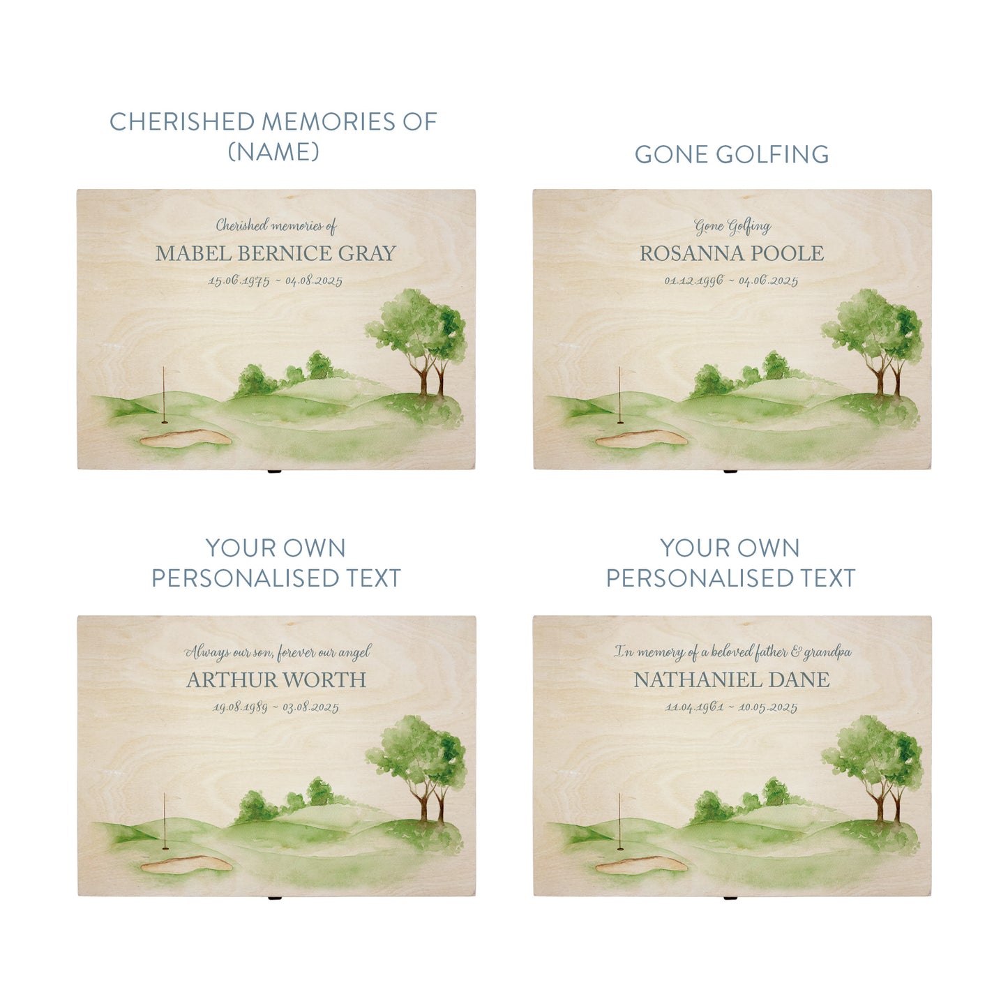 Wooden box with a decorative lid featuring illustrations of Golf Green Perfect funeral memory keepsake box, for storing ashes, order of service, flowers. capturing your loved ones favourite hobby