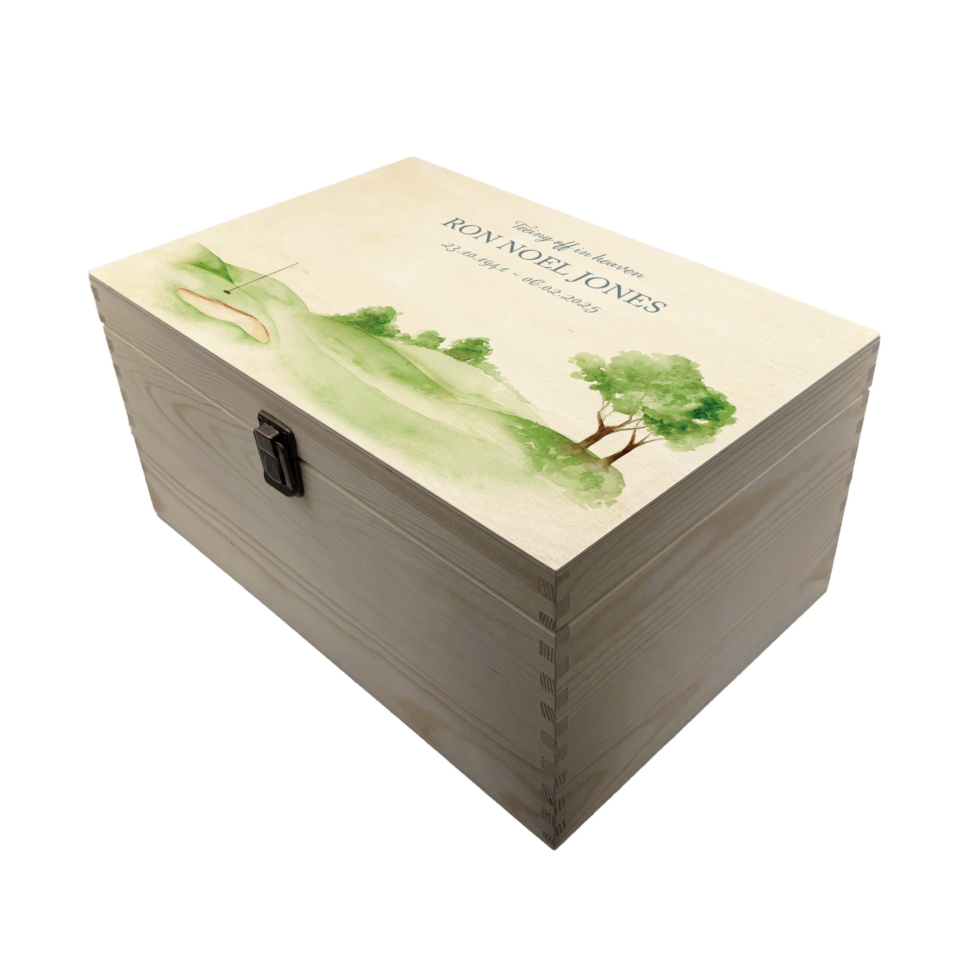Wooden box with a decorative lid featuring illustrations of Golf Green Perfect funeral memory keepsake box, for storing ashes, order of service, flowers. capturing your loved ones favourite hobby