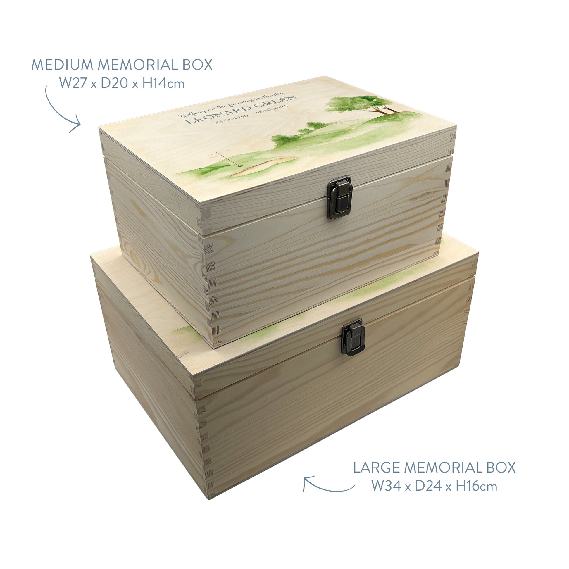 Wooden box with a decorative lid featuring illustrations of Golf Green Perfect funeral memory keepsake box, for storing ashes, order of service, flowers. capturing your loved ones favourite hobby