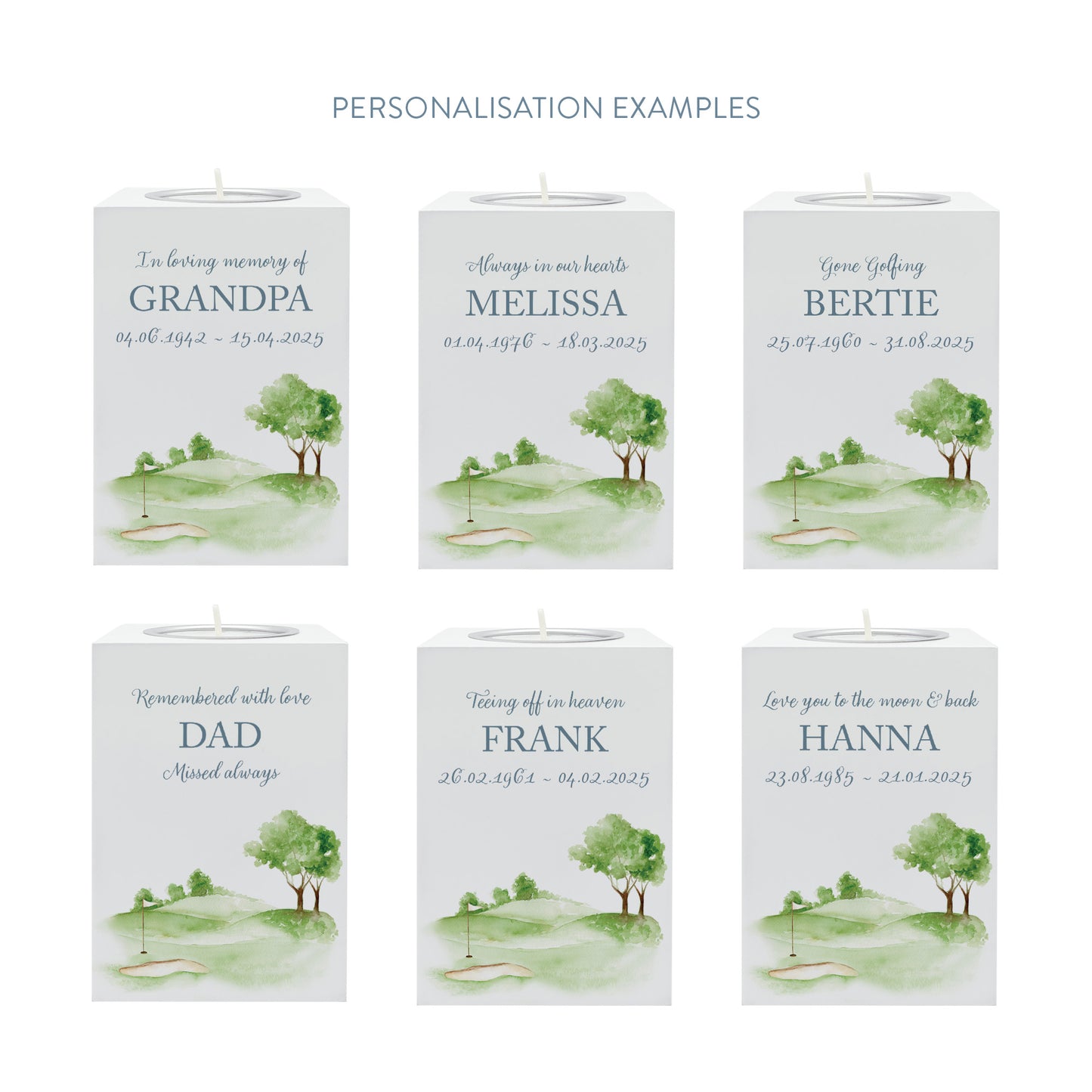wooden cuboid luxury tealight holder with gorgeous personalised options . Each product is lovingly designed, handmade with our Countryside inspired watercolour designs. This design features a Golf Green, perfect for Brother, Dad, Son or Grandad. unique designs to remember a loved on, great for memorial occasions 