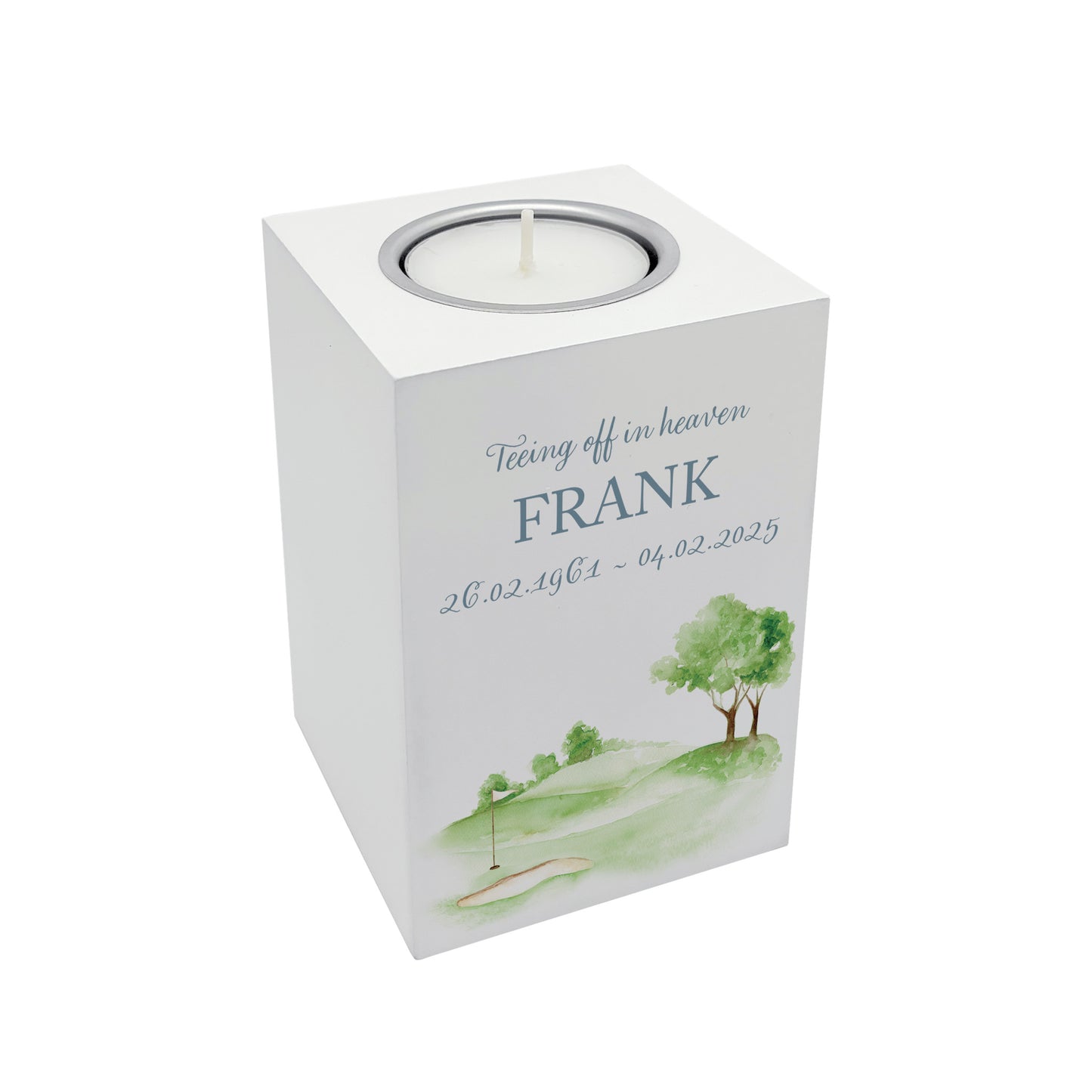 wooden cuboid luxury tealight holder with gorgeous personalised options . Each product is lovingly designed, handmade with our Countryside inspired watercolour designs. This design features a Golf Green, perfect for Brother, Dad, Son or Grandad. unique designs to remember a loved on, great for memorial occasions 
