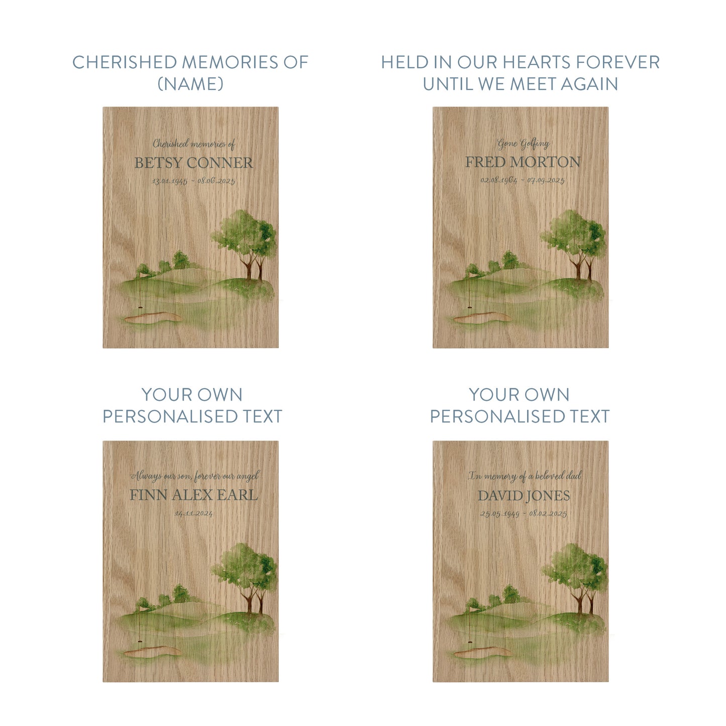 Memorial Solid Oak Photo Frame, personalise with your own message or select from our drop down selection. handmade watercolour paintings, this design features a Golf golf Green. Perfect for Grandad, Dad, Uncle, Brother